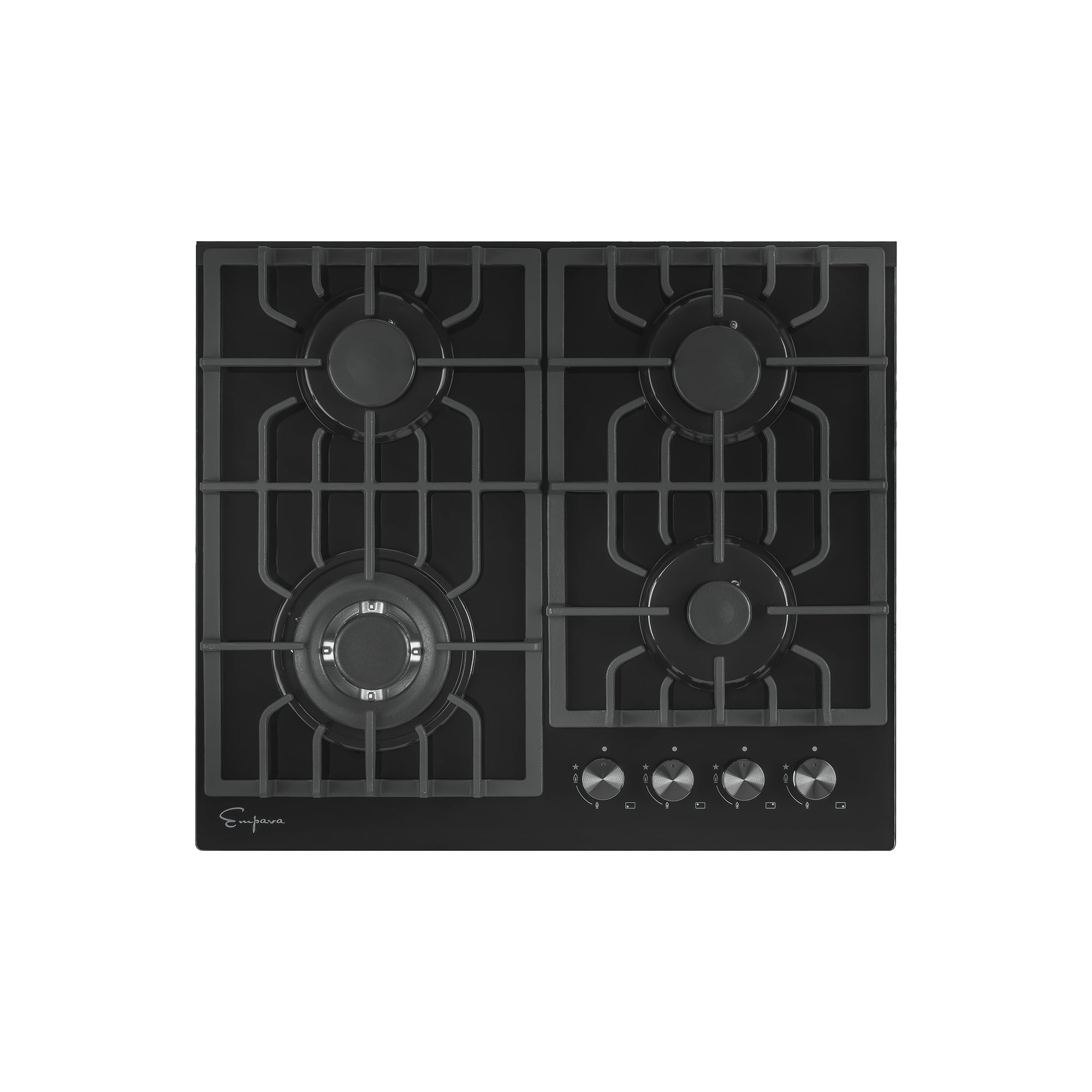 Black 4-burner natural gas built-in cooktop with control knobs and grates