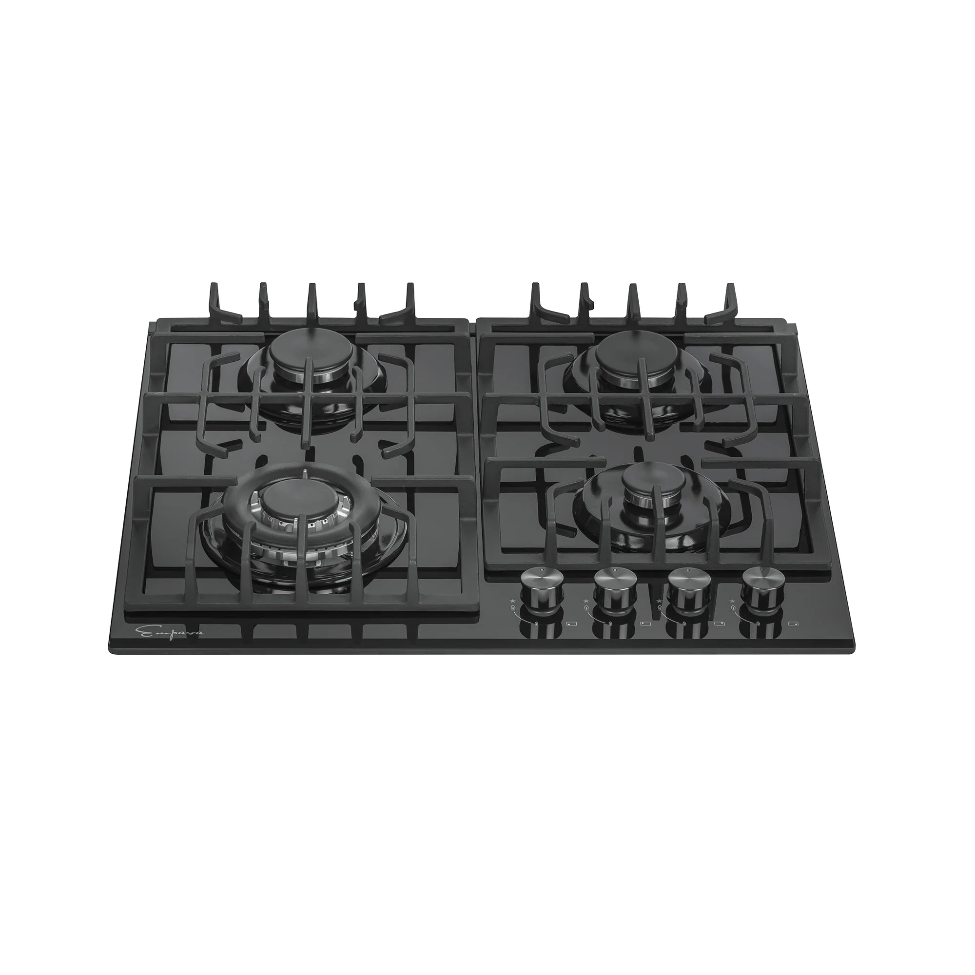 Black 4-burner natural gas cooktop with burners and front control knobs, top view