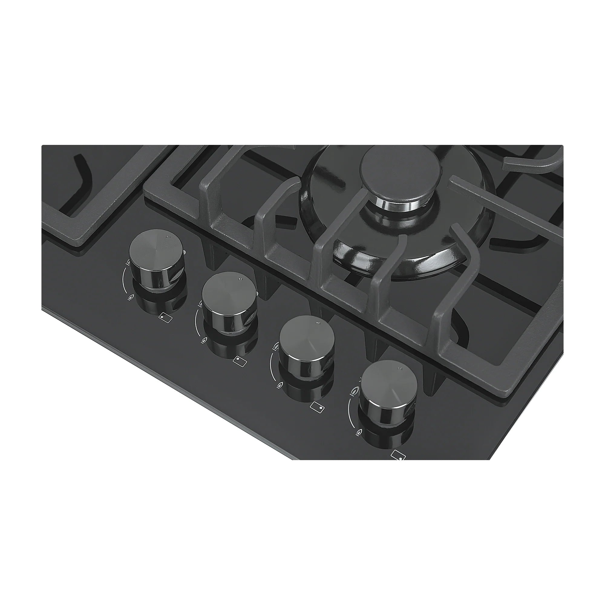 Black natural gas cooktop with front control knobs and burner grate arrangement