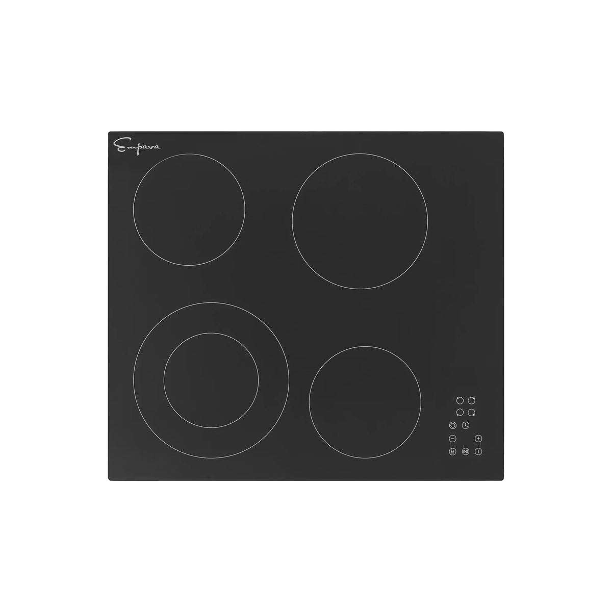 Black glass electric cooktop with four circular radiant zones and touch control icons