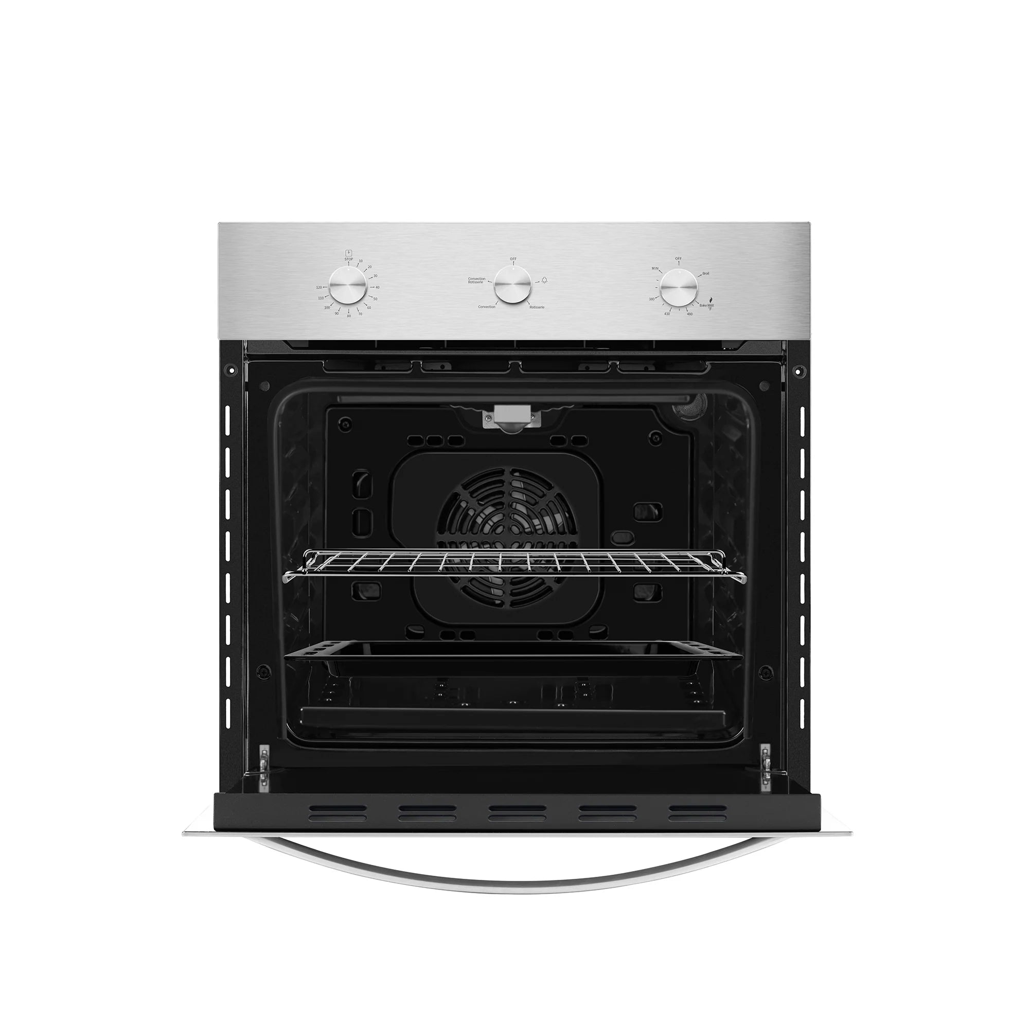 Natural gas single wall oven door open, revealing black oven cavity and racks