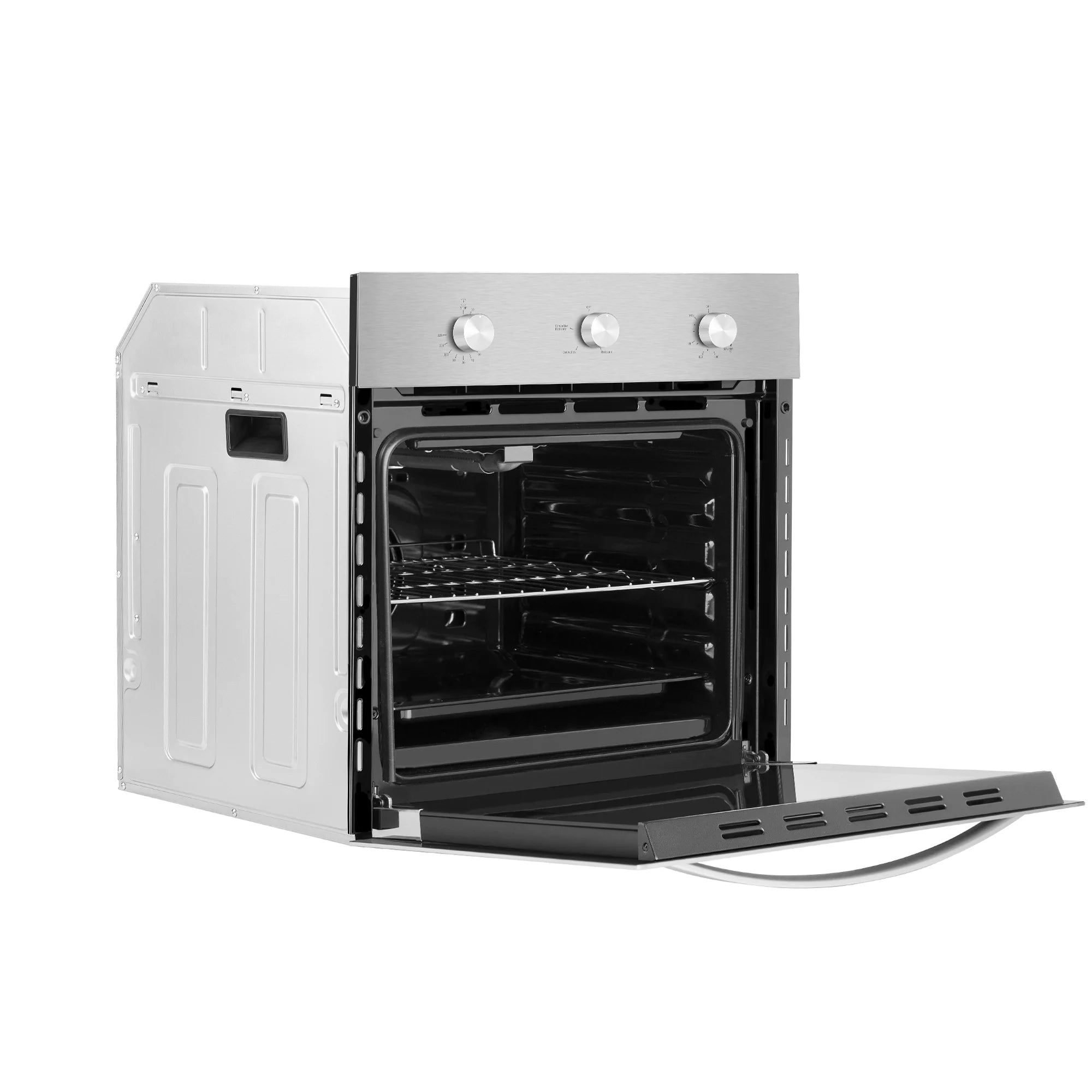 Natural gas single wall oven door open, stainless front with control knobs