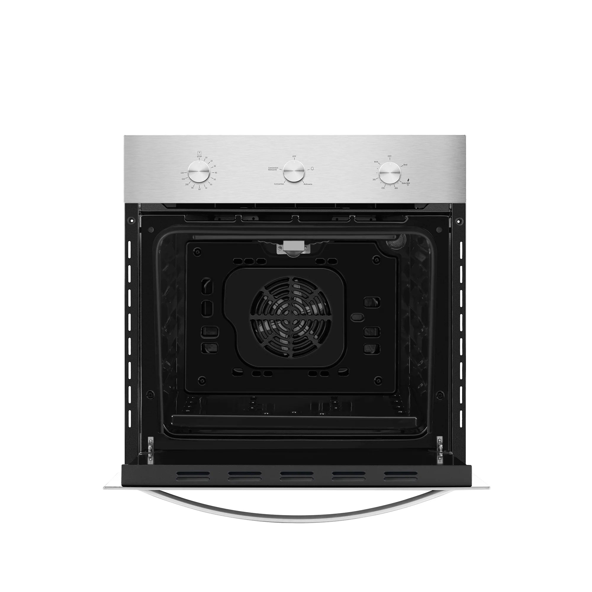 Natural gas single wall oven with open door and black fan-equipped interior
