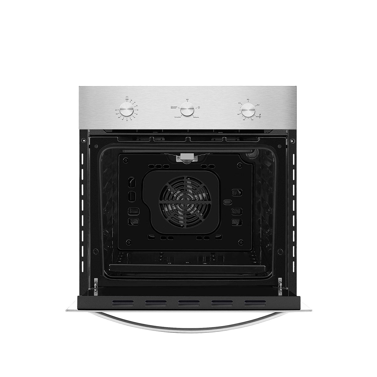 Stainless steel wall oven front with black interior, fan, and wire rack