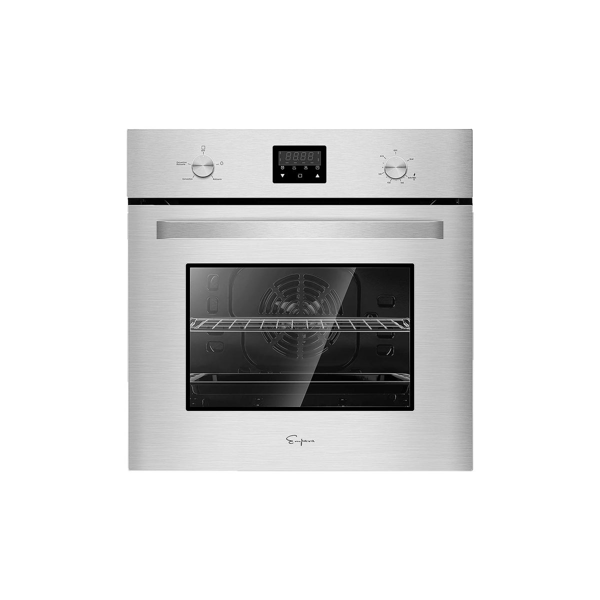 Stainless single wall propane oven front with control panel and oven window lit