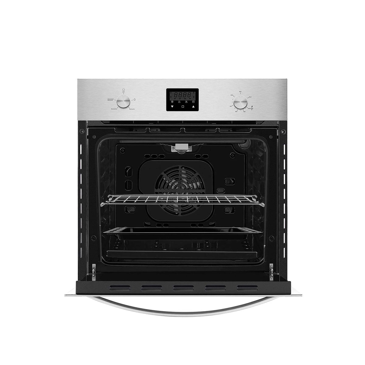 Open single wall propane oven showing black interior floor, grates, and burner area