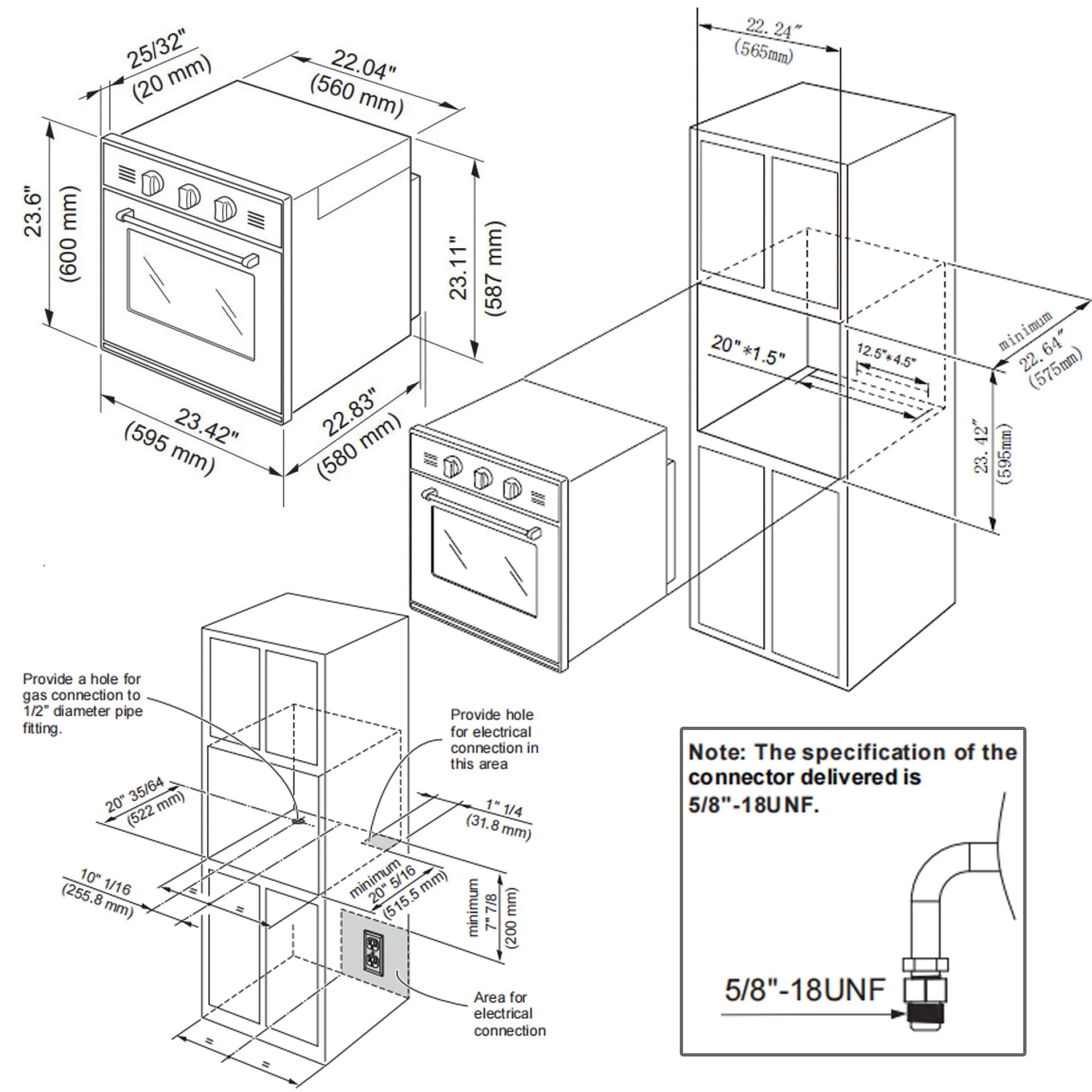 Wall oven installation dimensions diagram with cutout and electrical connection notes