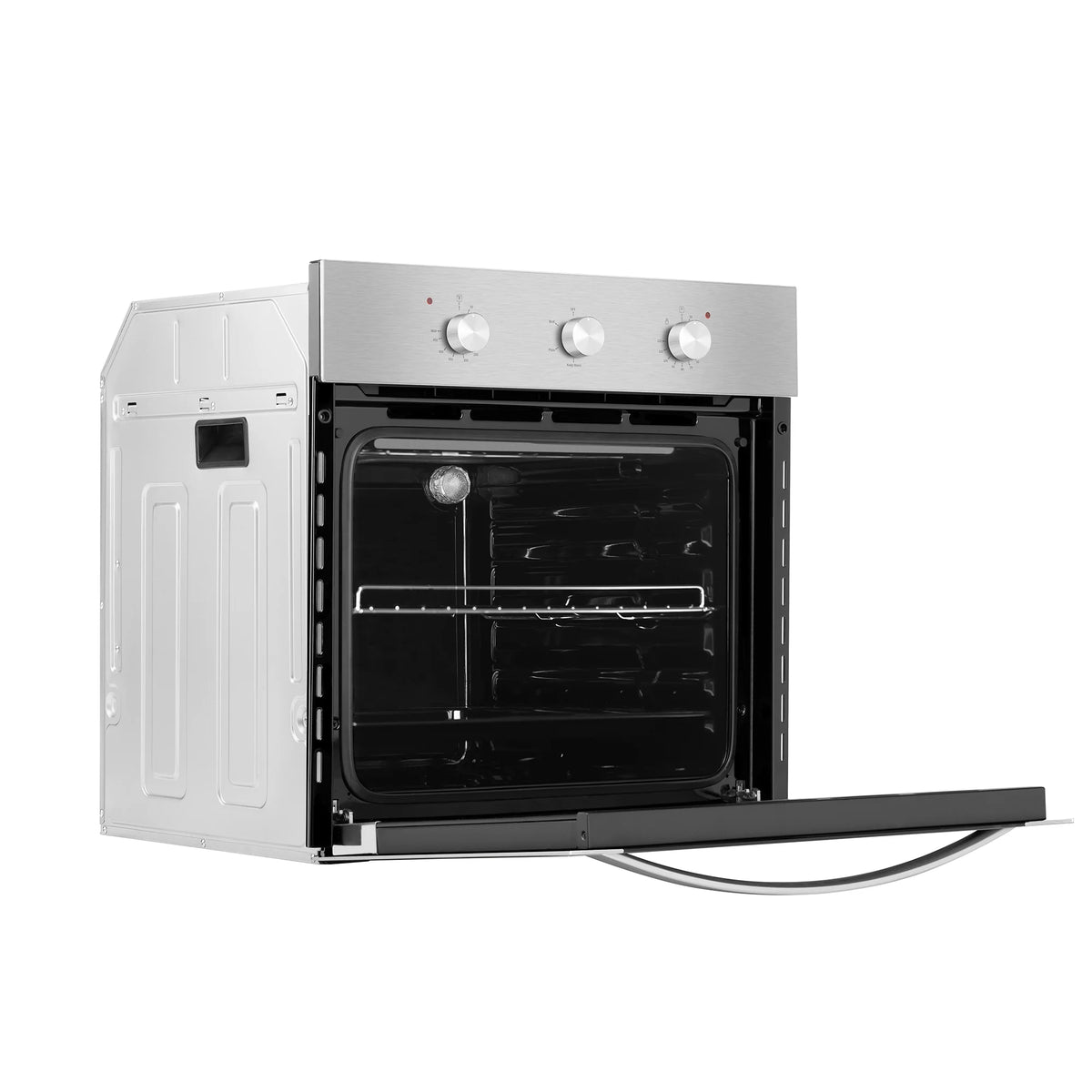 Stainless steel electric wall oven with door open and oven rack inside