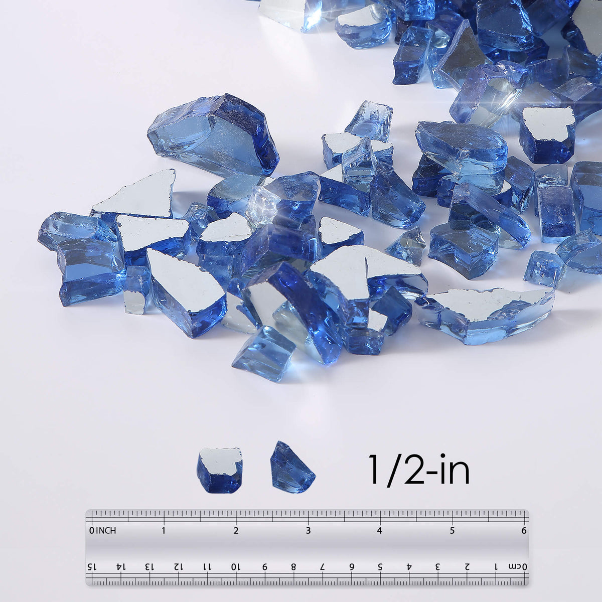 Midnight blue tempered fire glass pieces with 1/2-in size scale, glossy chunks