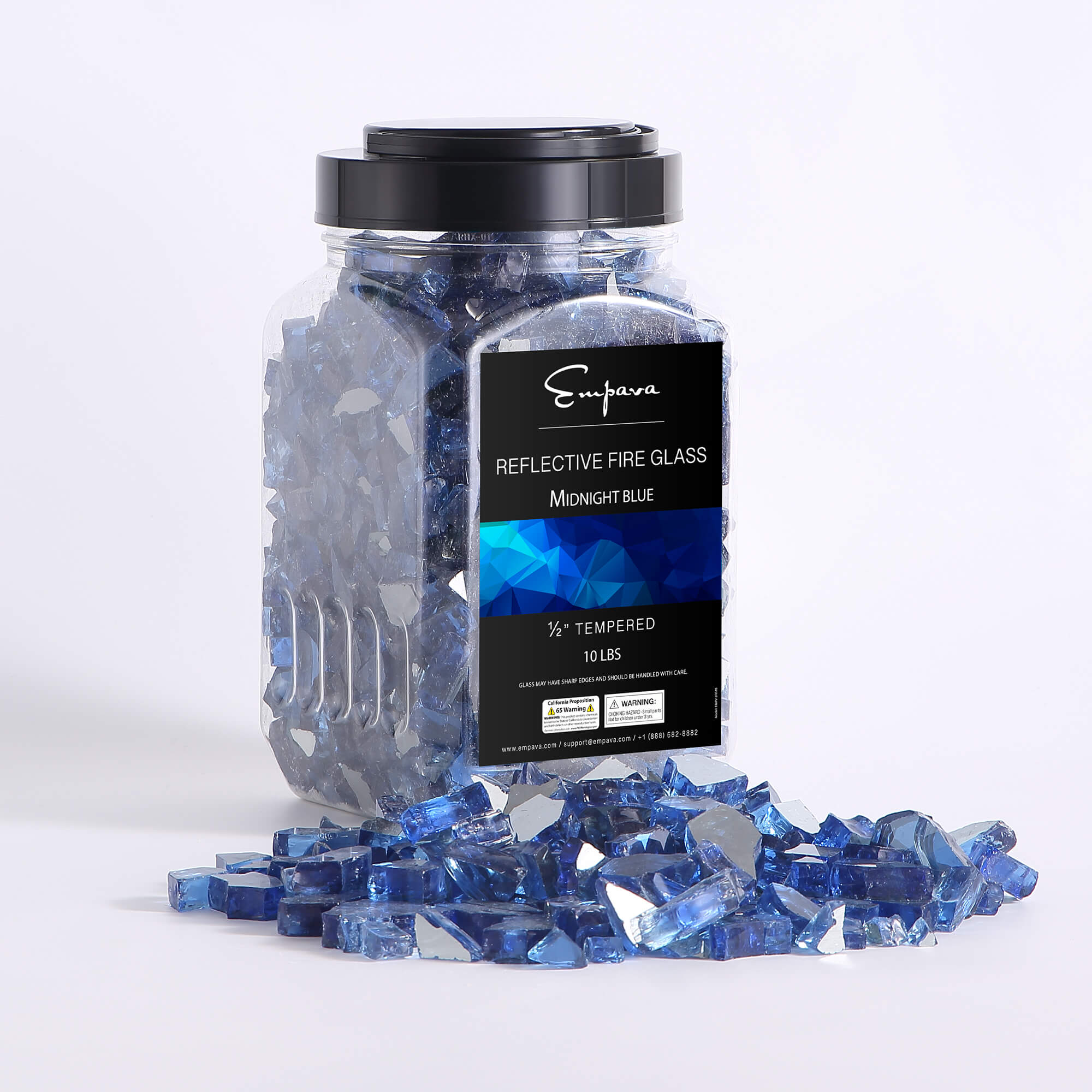 Midnight blue tempered fire glass crystals in clear jar with black lid