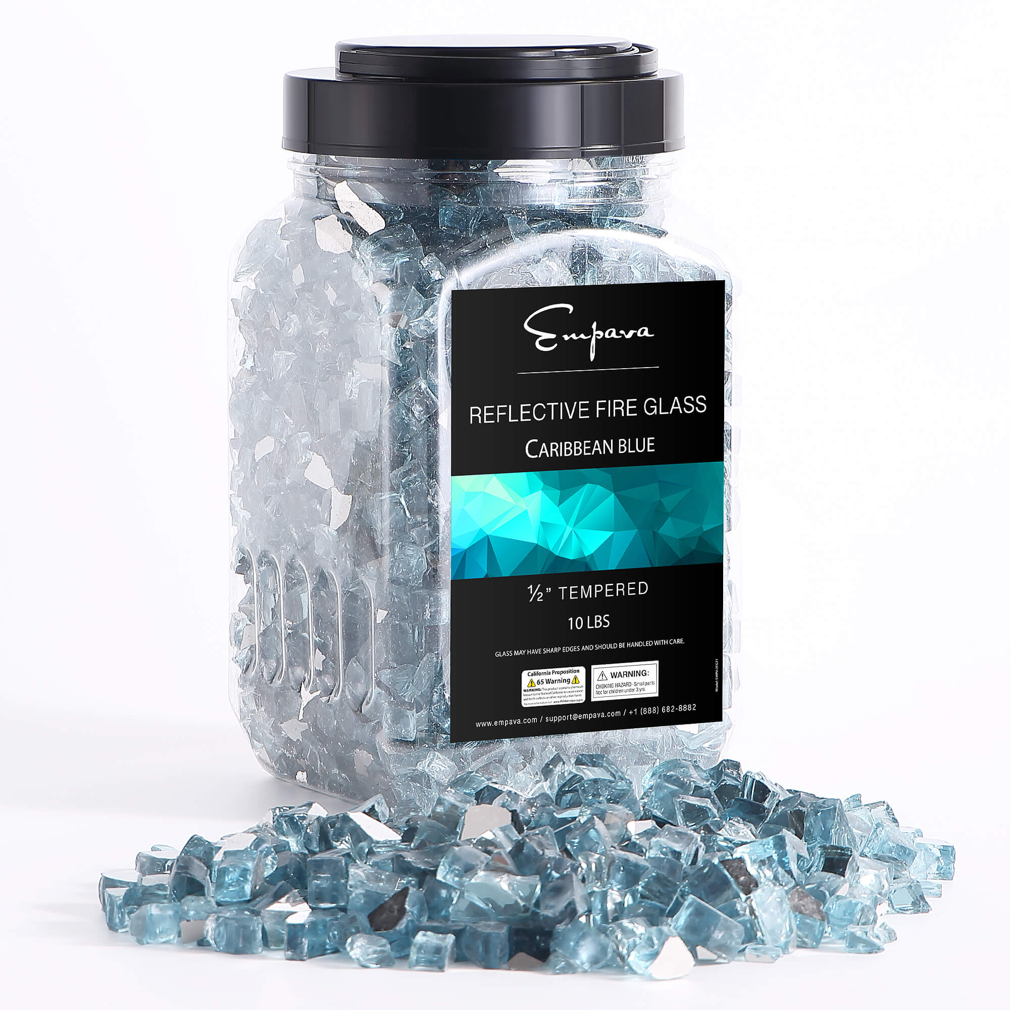 Jar of Caribbean blue tempered reflective fire glass with black lid and label