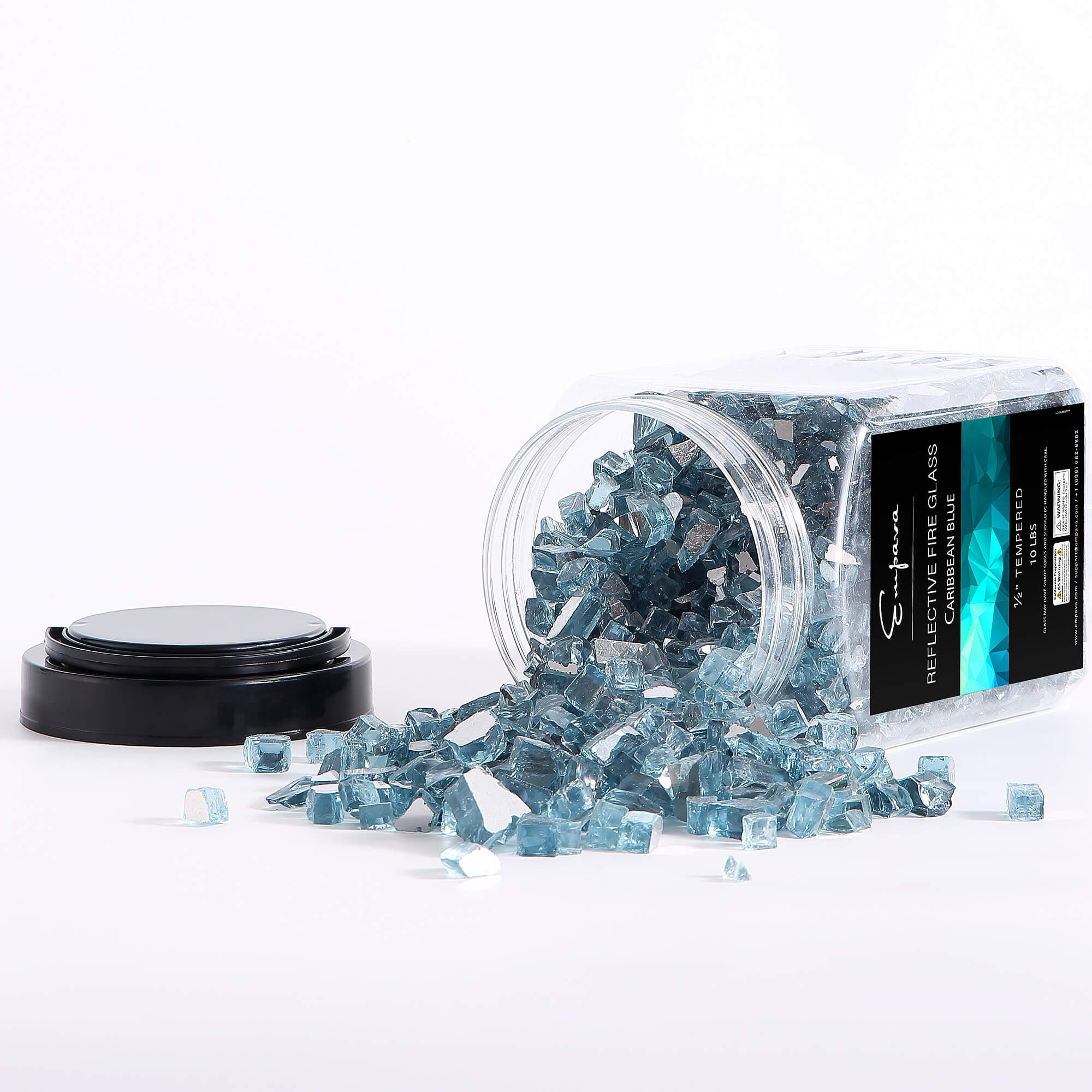 Clear canister with scattered Caribbean blue tempered reflective fire glass pieces