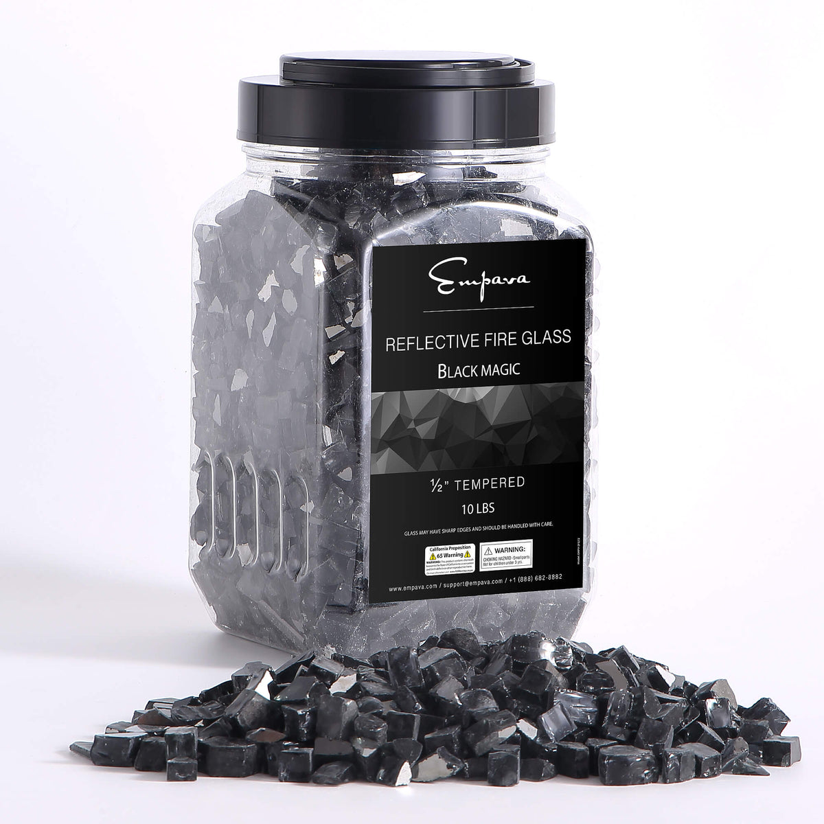 Black reflective tempered fire glass in a clear jar with black lid