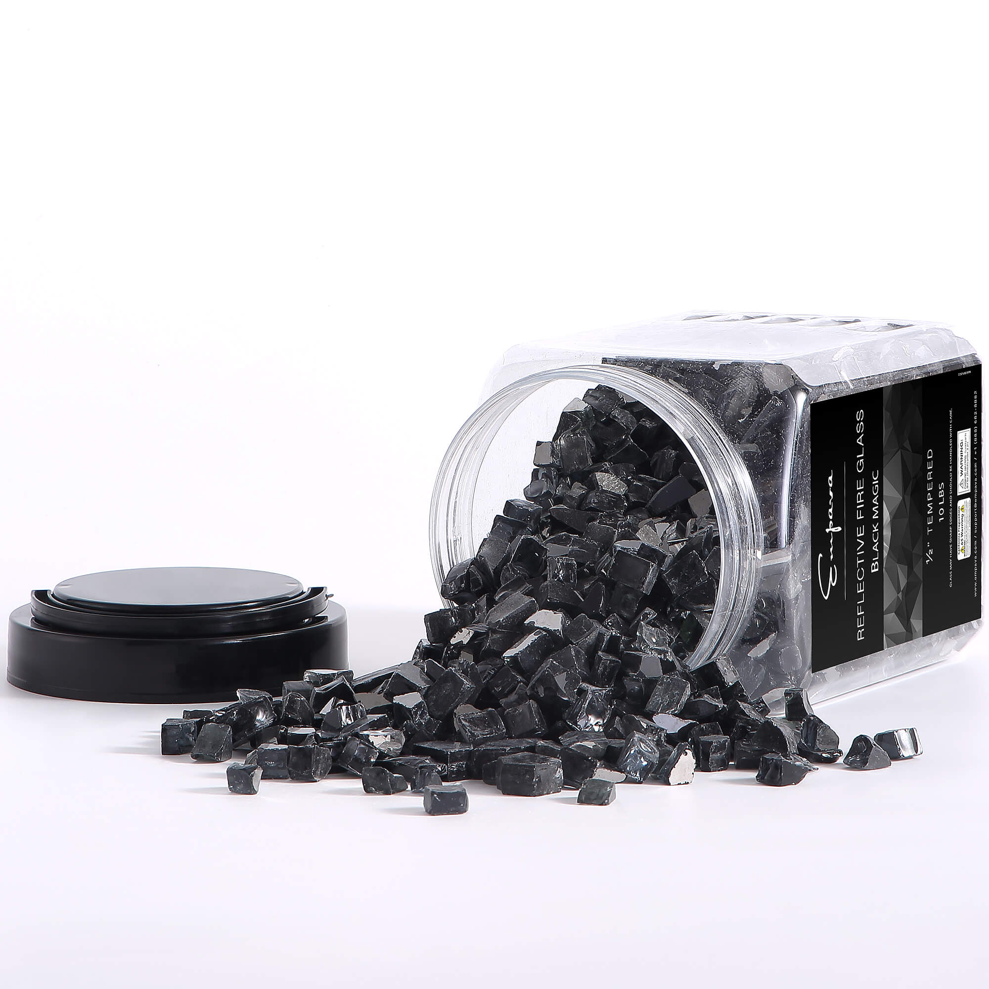 Clear jar of black reflective tempered fire glass with scattered pieces