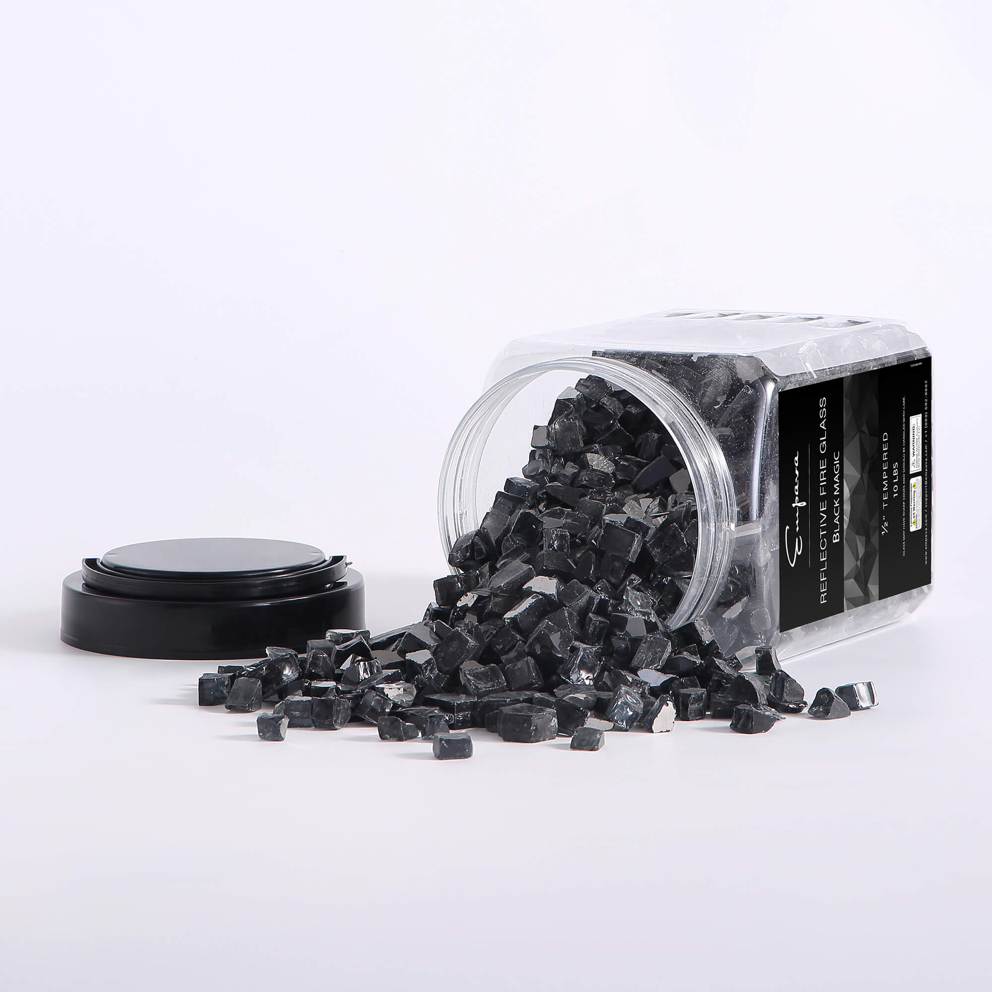 Black reflective tempered fire glass jar with loose glass pieces