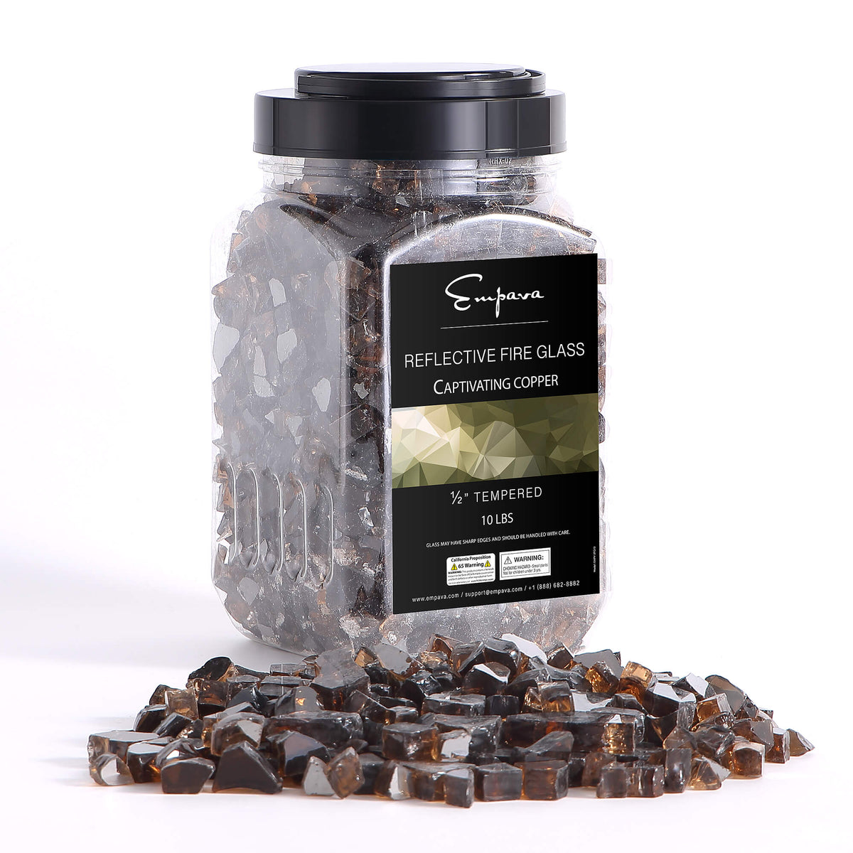 Copper tempered reflective fire glass jar with dark copper glass stones