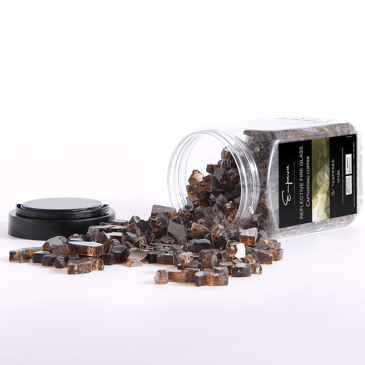 Reflective fire glass copper stones with jar and scattered pieces, side view