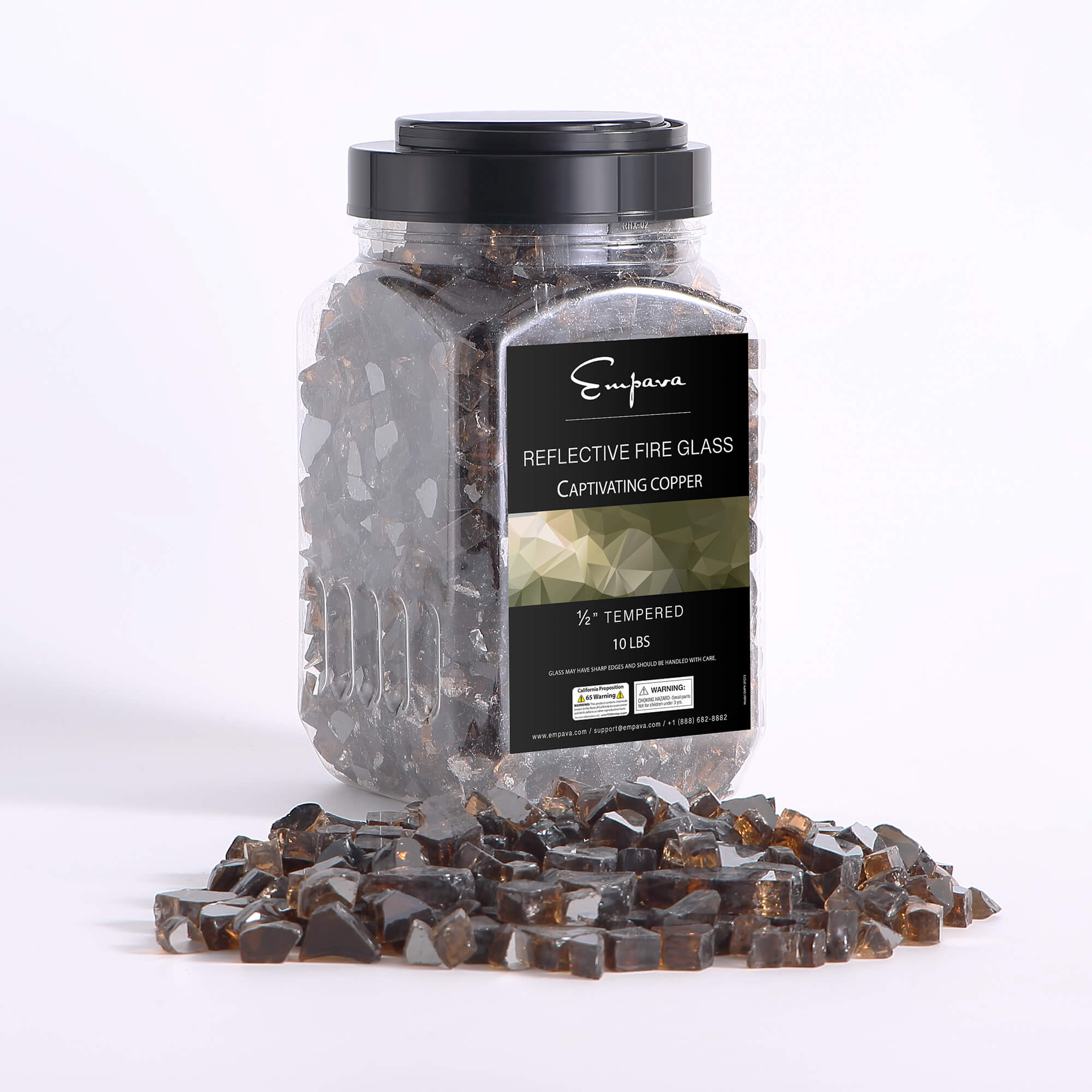 Tempered reflective fire glass stones, copper and dark bronze, in clear jar