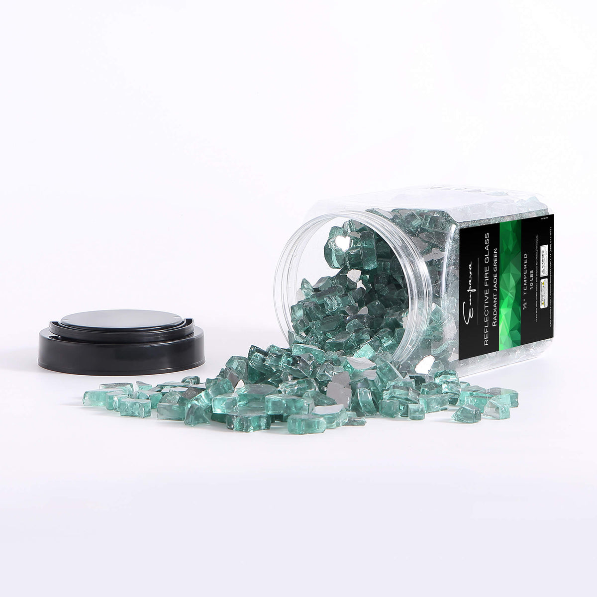 Jade green tempered fire glass with open jar and scattered reflective glass chunks