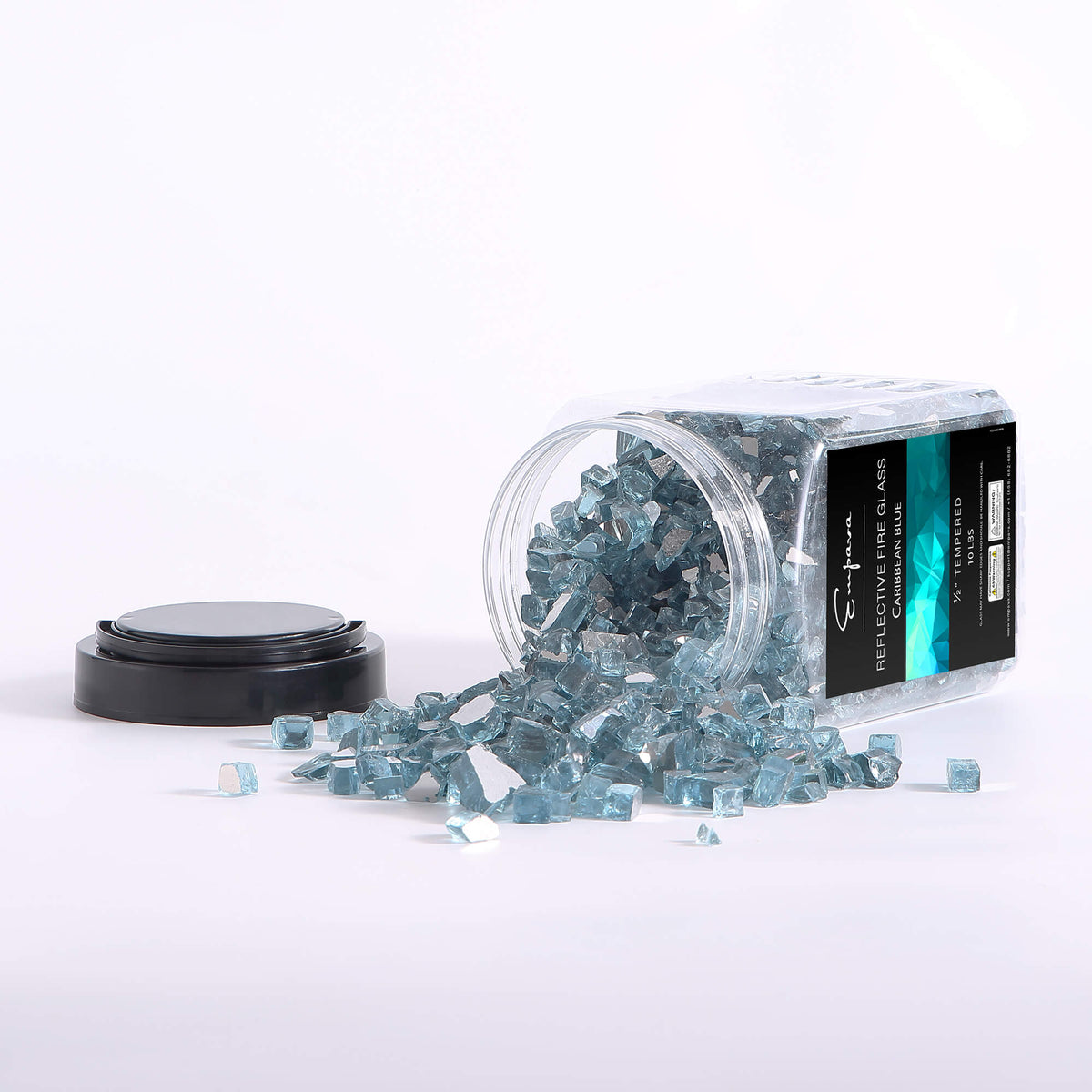 Clear canister of tempered reflective fire glass with Caribbean blue glass chunks