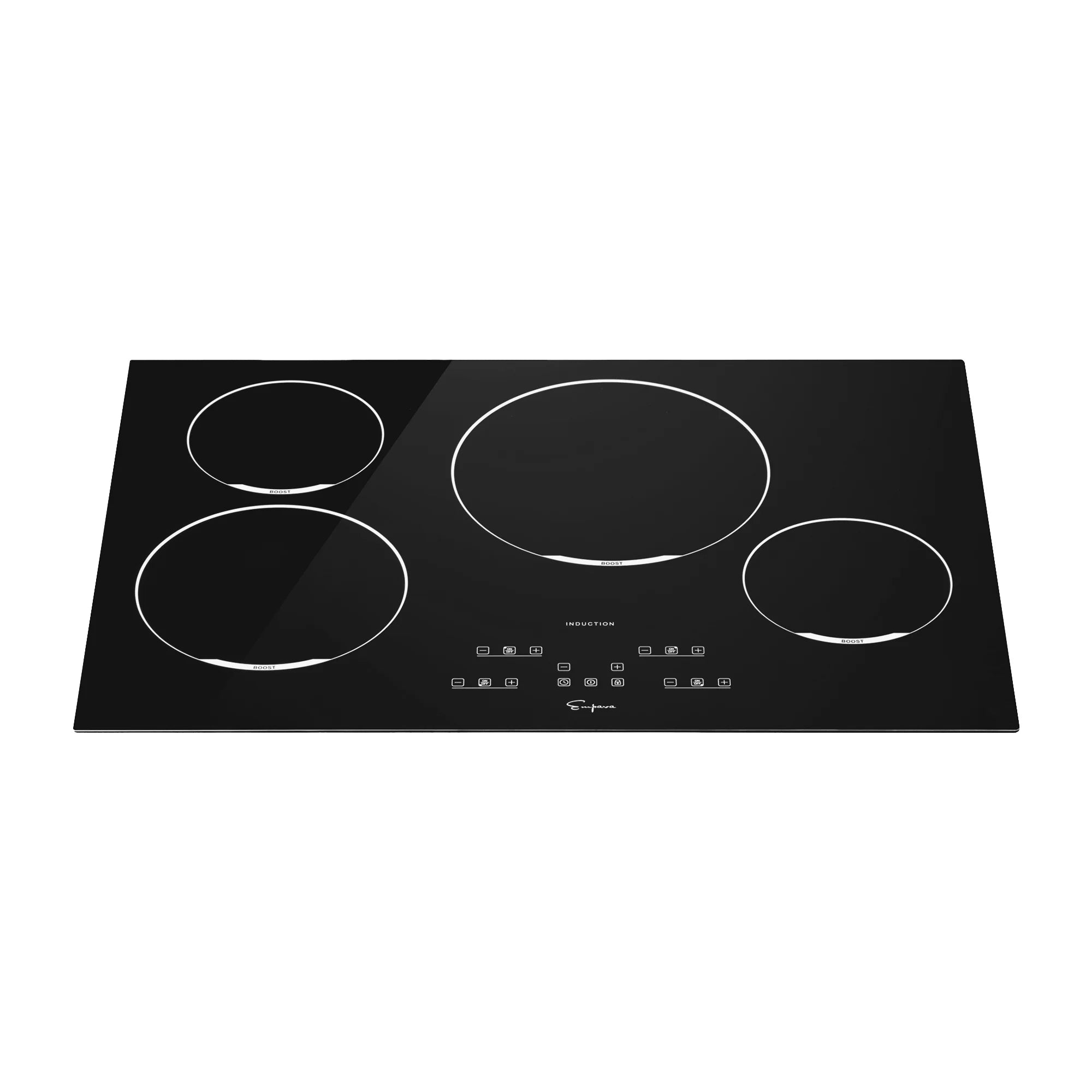 Black induction cooktop with four oval heating zones and touch control icons.