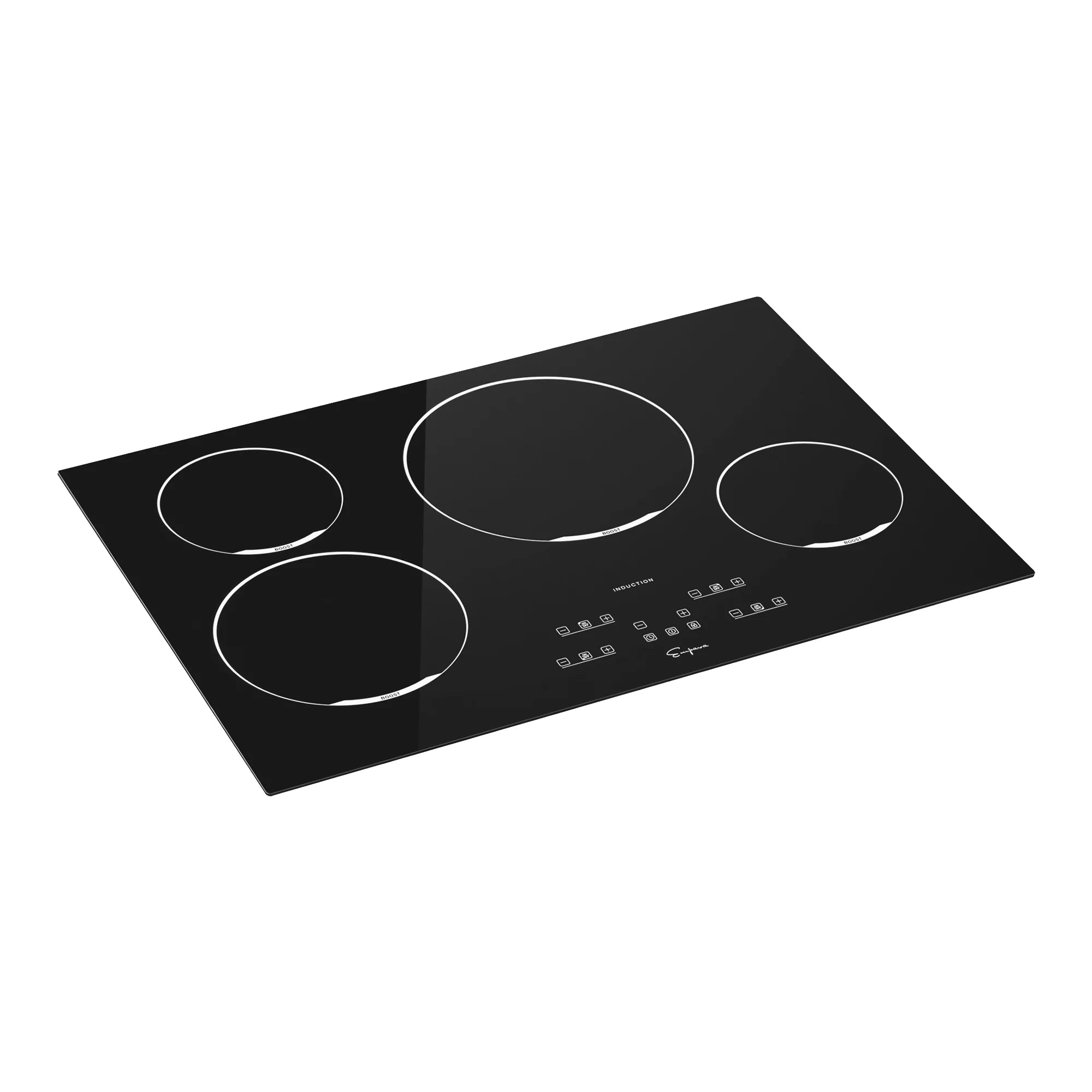 Black induction cooktop with four circular burner zones and centered control strip.