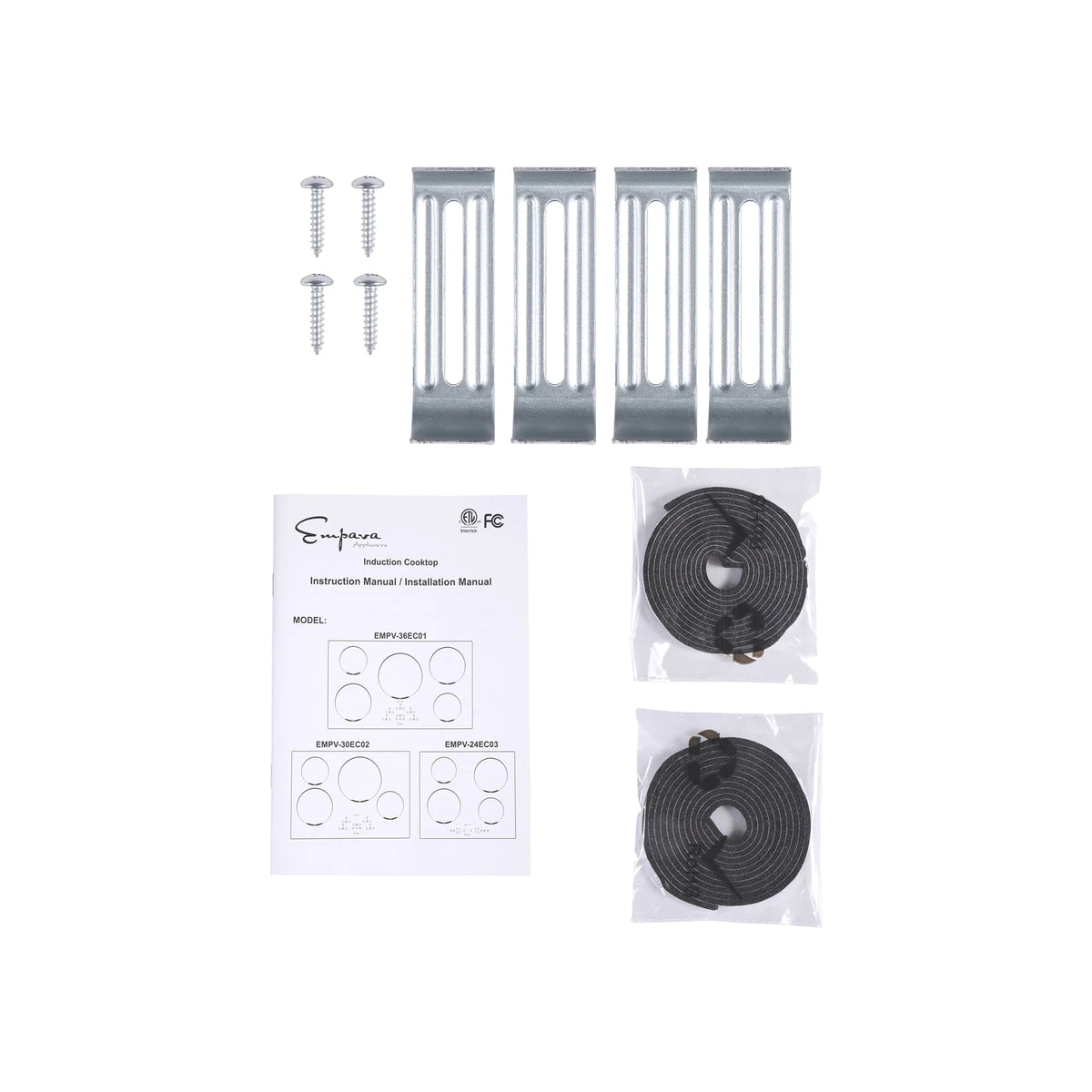 Induction cooktop accessories kit with manual, screws, and black coil rings.