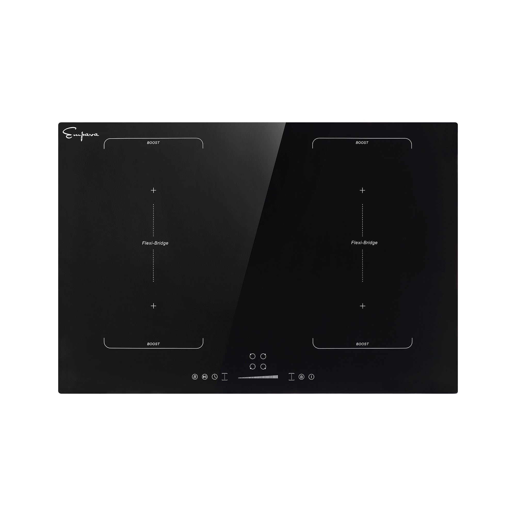Black induction cooktop with four touch controls and power level bar indicators