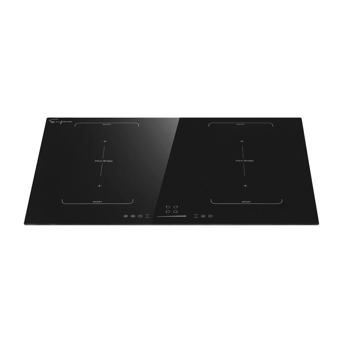 Black induction cooktop surface with four heating zones and touch control icons