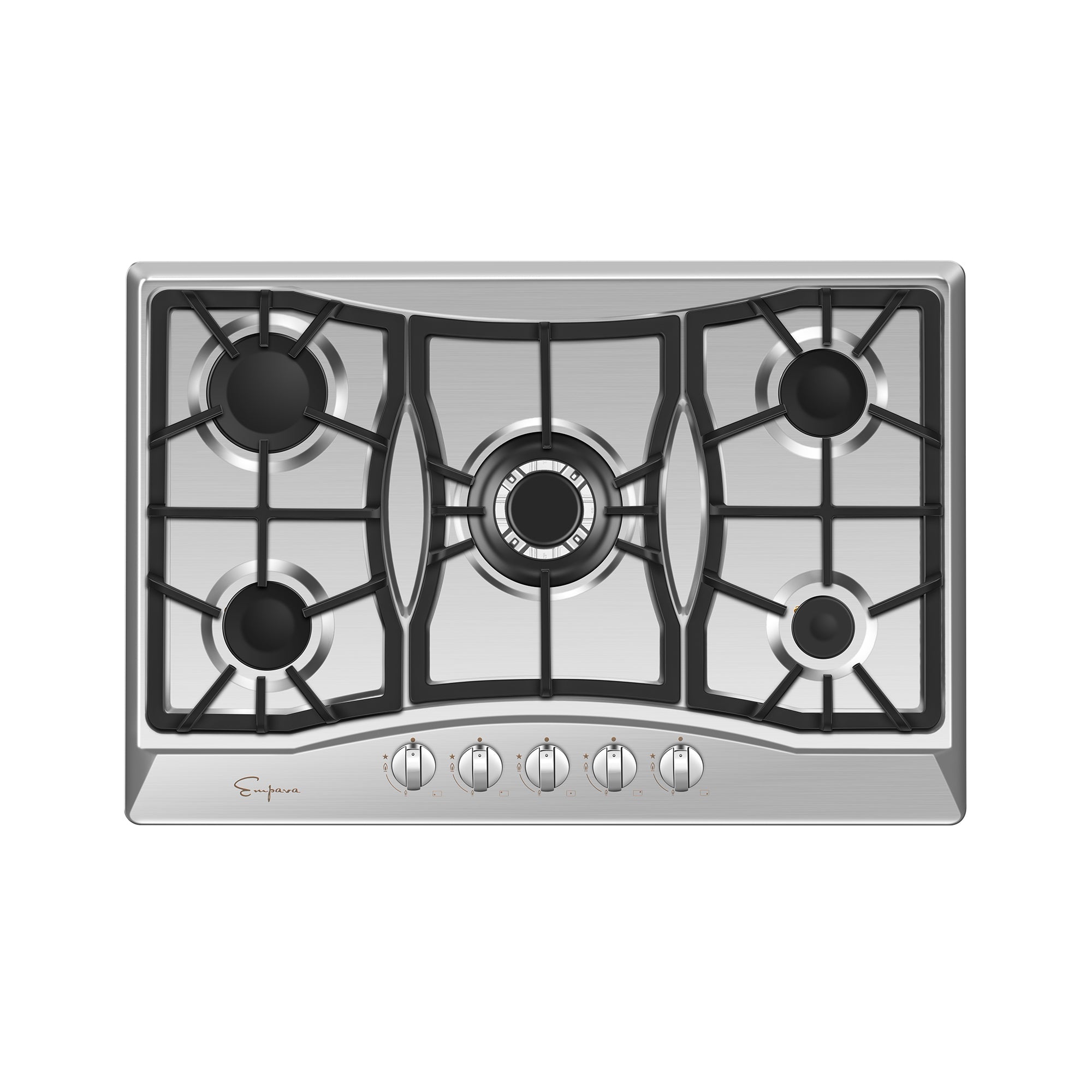 Stainless steel built-in natural gas cooktop with 5 burners and cast-iron grates
