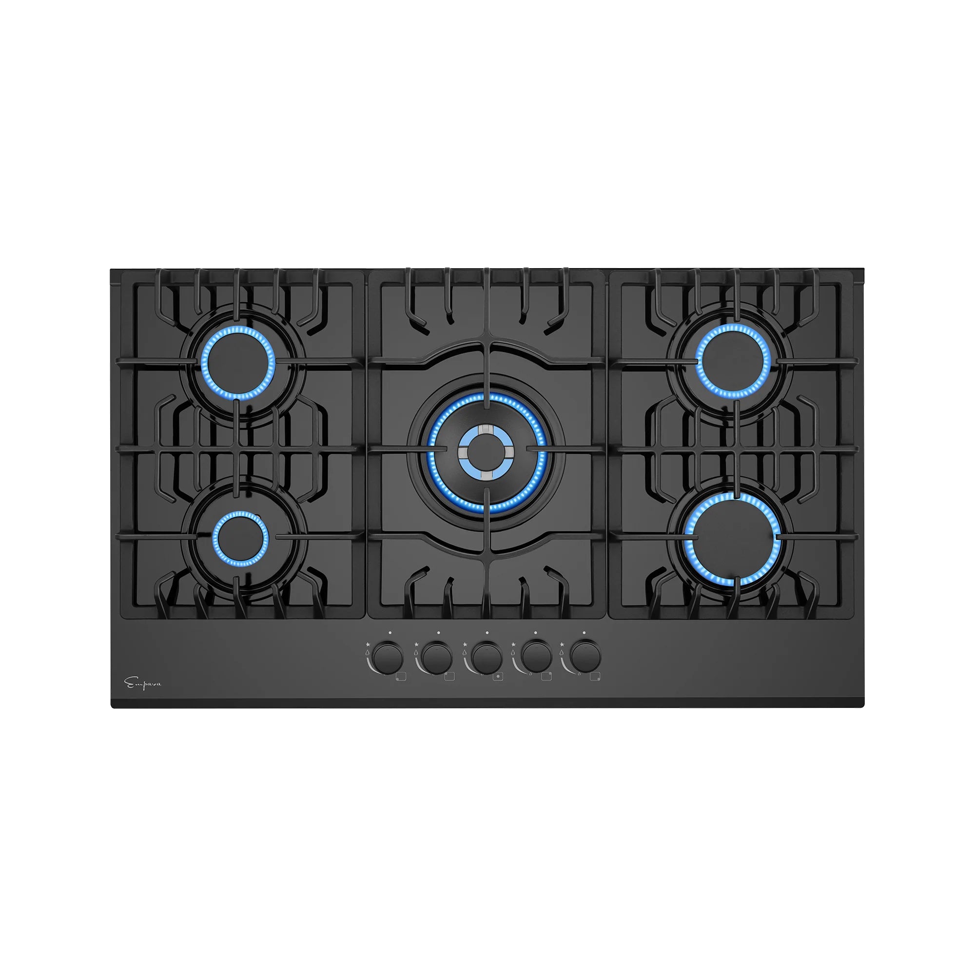 Black built-in natural gas cooktop with five burners shown lit with blue flames
