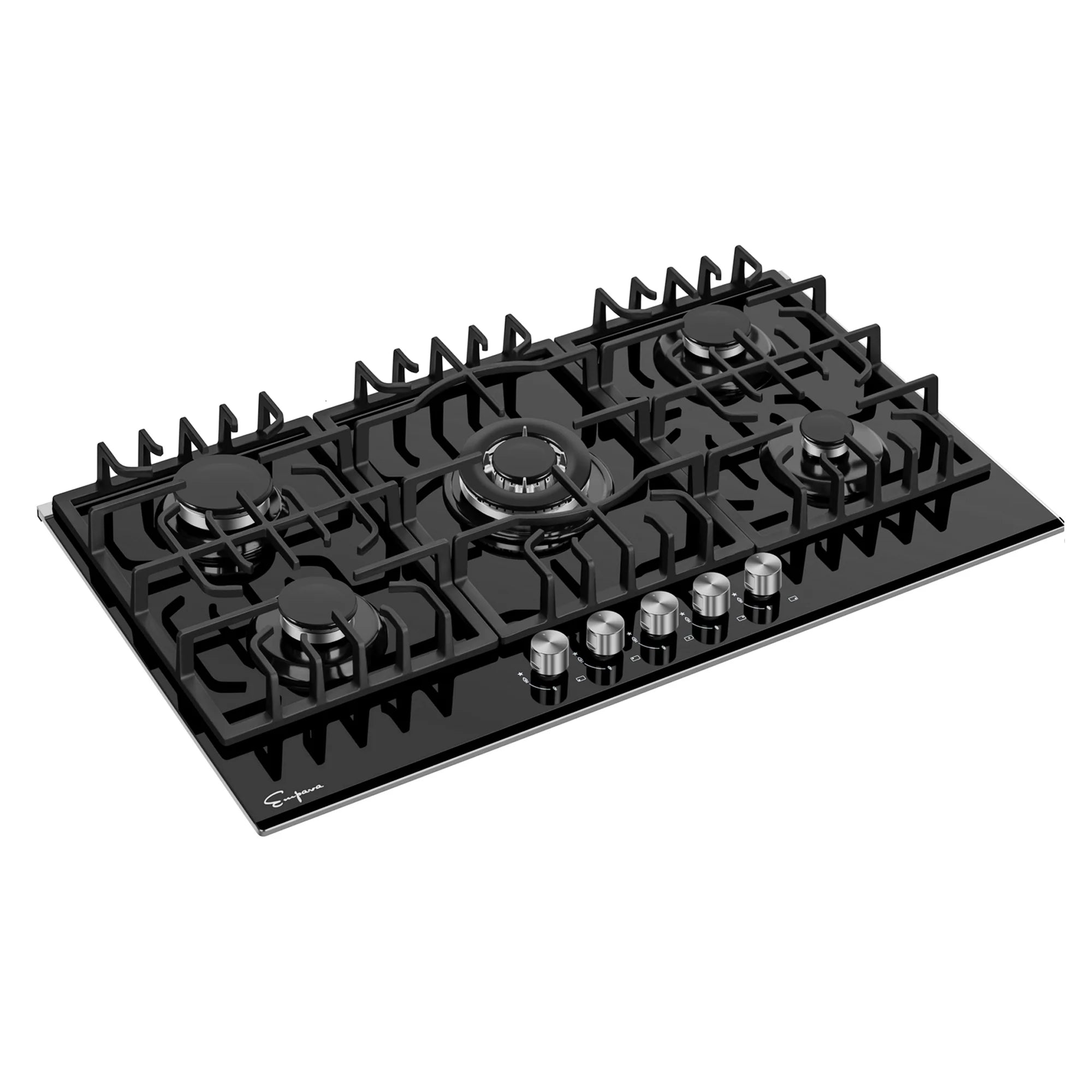 Black built-in natural gas cooktop angled view with five burners and grates