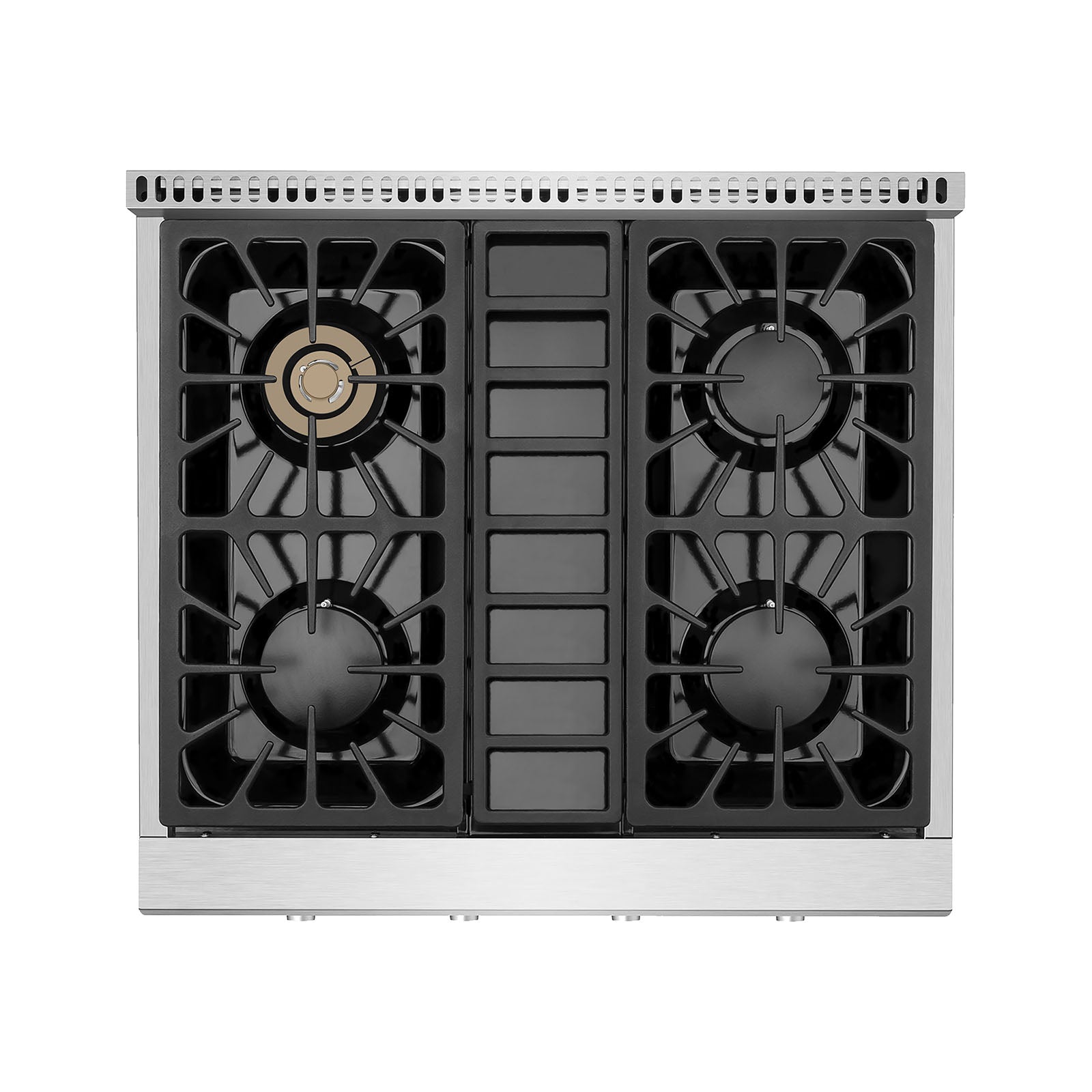 30-inch natural gas cooktop with four burners and metal control knobs