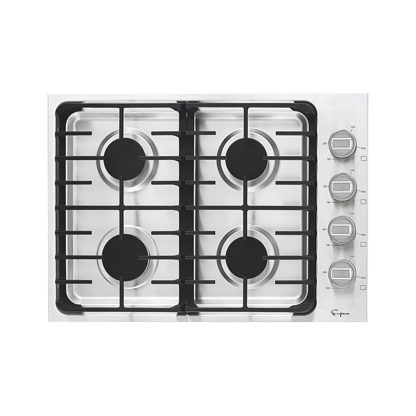Stainless steel built-in gas cooktop with four black burners and right-side knob controls