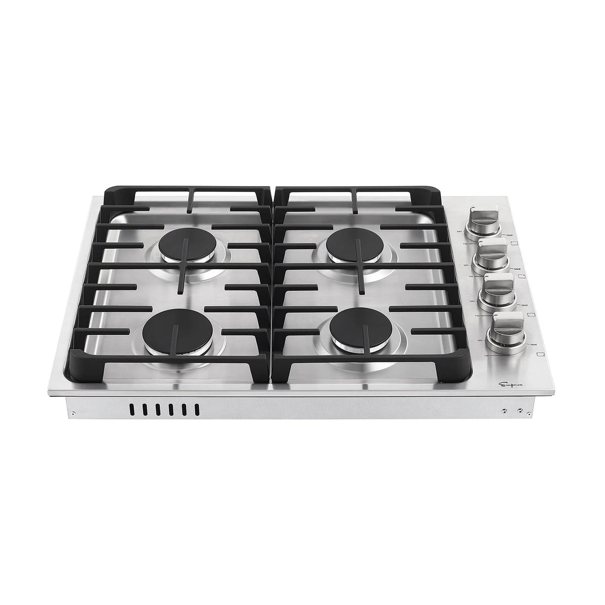 Stainless steel built-in gas cooktop with black burner grates and four silver knob controls