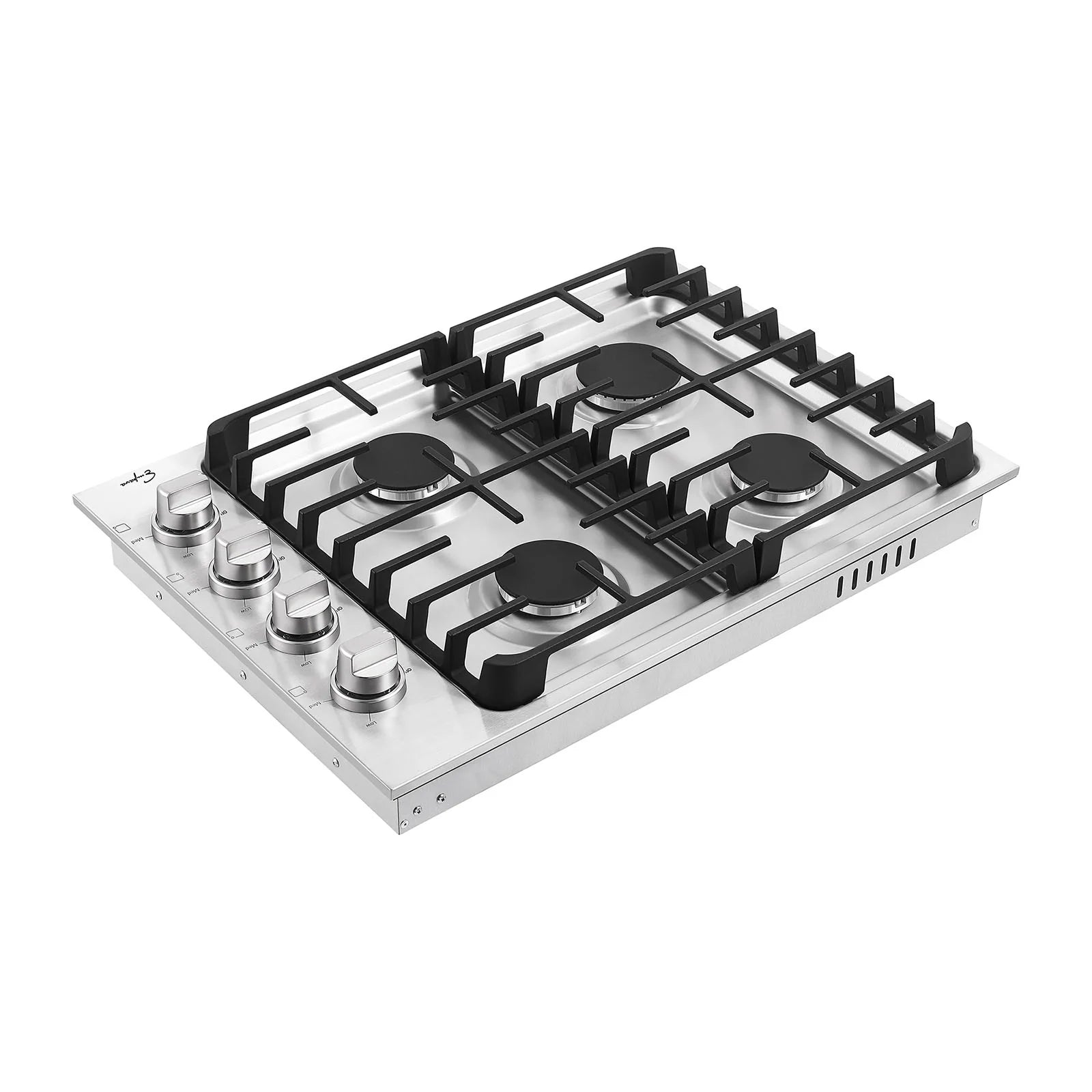Stainless steel gas cooktop angled view with four black grates and control knob panel