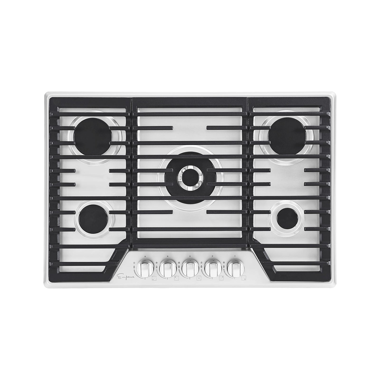 Stainless steel gas cooktop with five burners, black grates, and control knobs