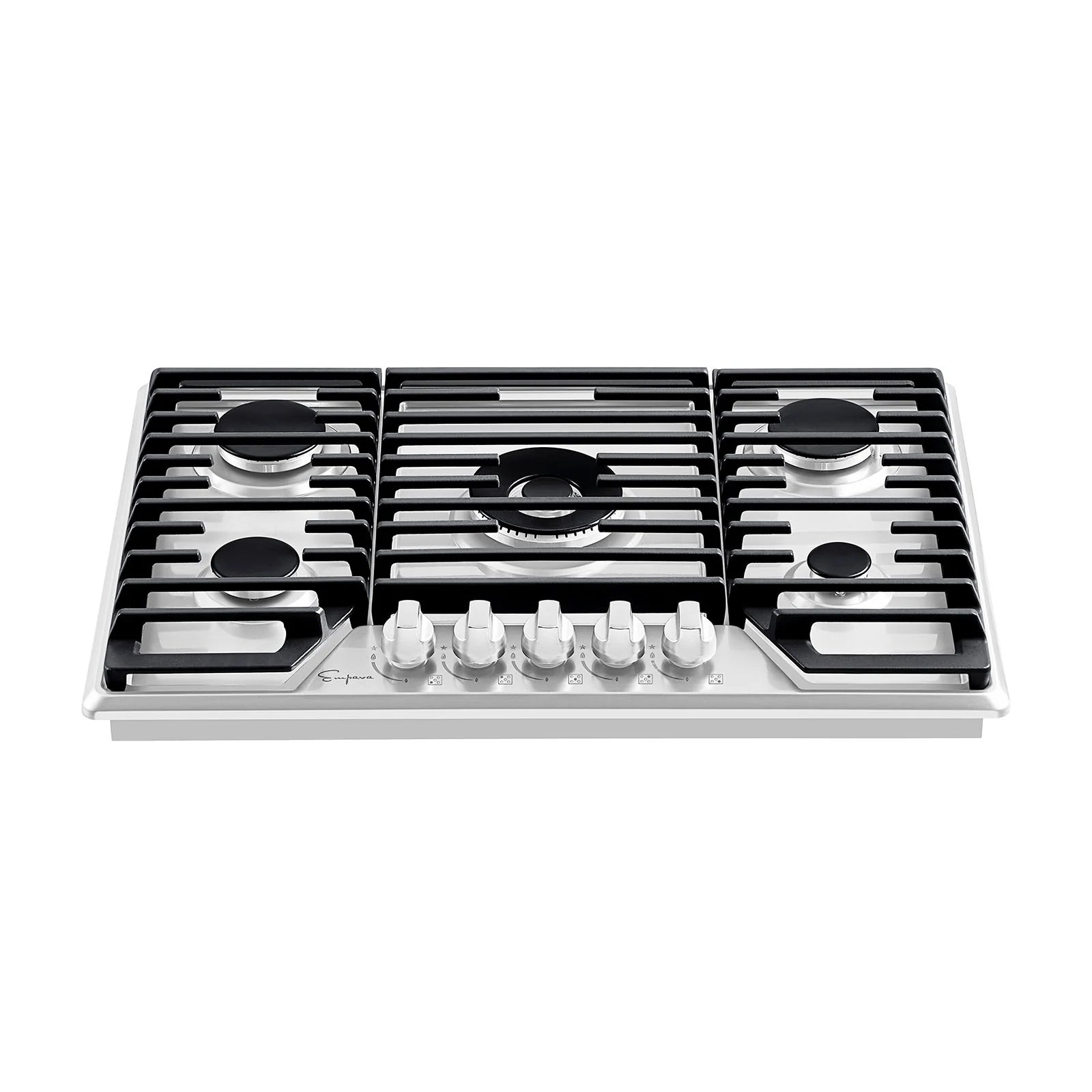 Stainless steel gas cooktop with five burner heads and black grate supports