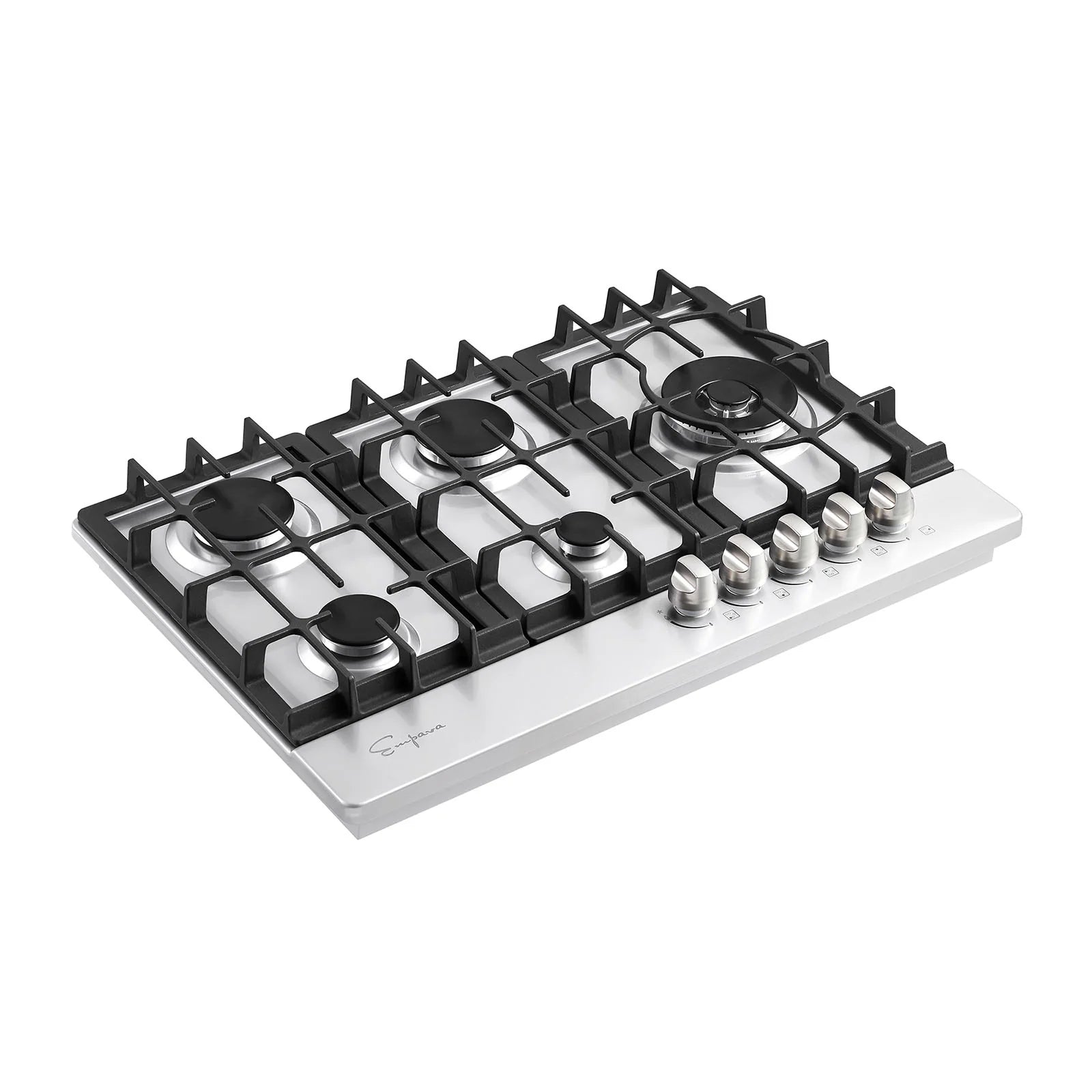 Empava natural gas cooktop with five burners, black grate sections, and stainless steel base