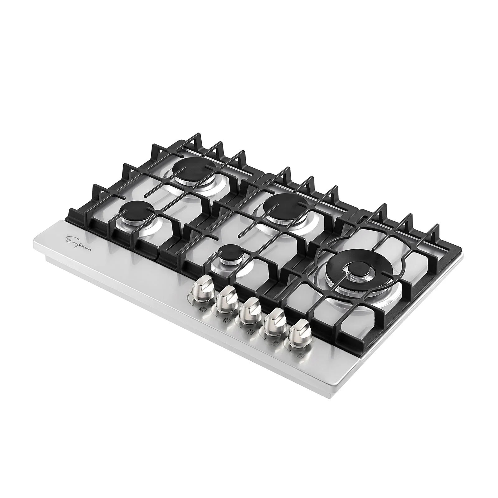 Empava stainless steel gas cooktop with five burners and black cast-iron grates