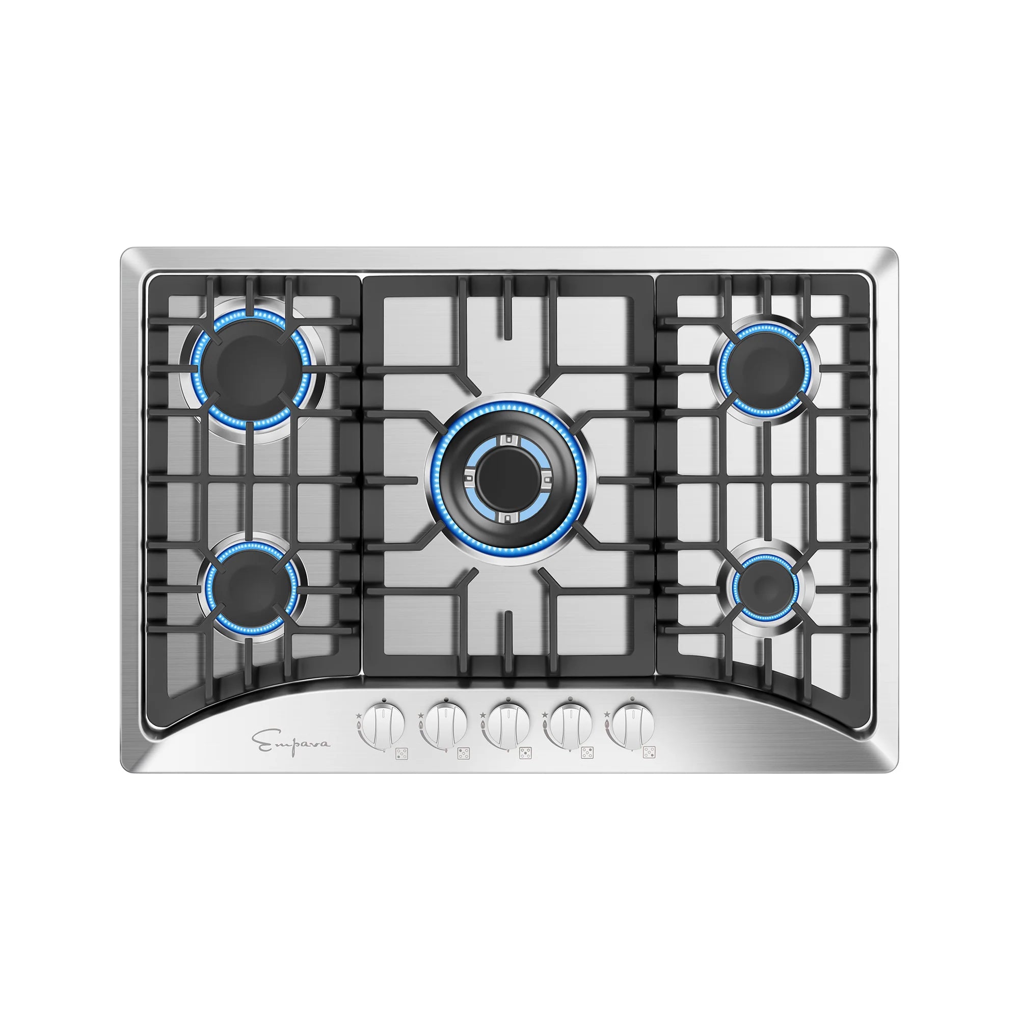 Built-in natural gas cooktop with four burners shown with blue flame rings and stainless base.