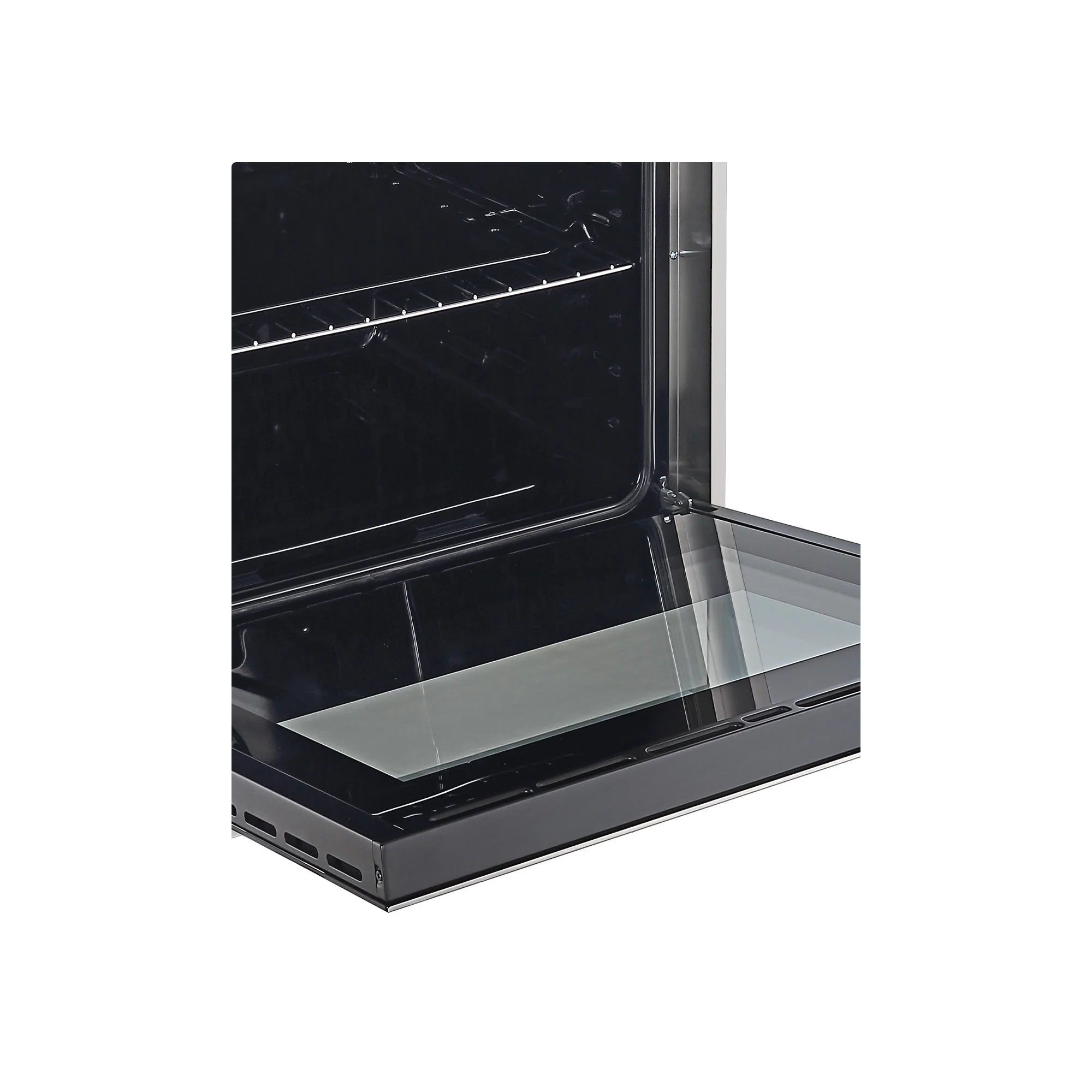 Open oven with dark interior cavity and removable cooktop liner at bottom