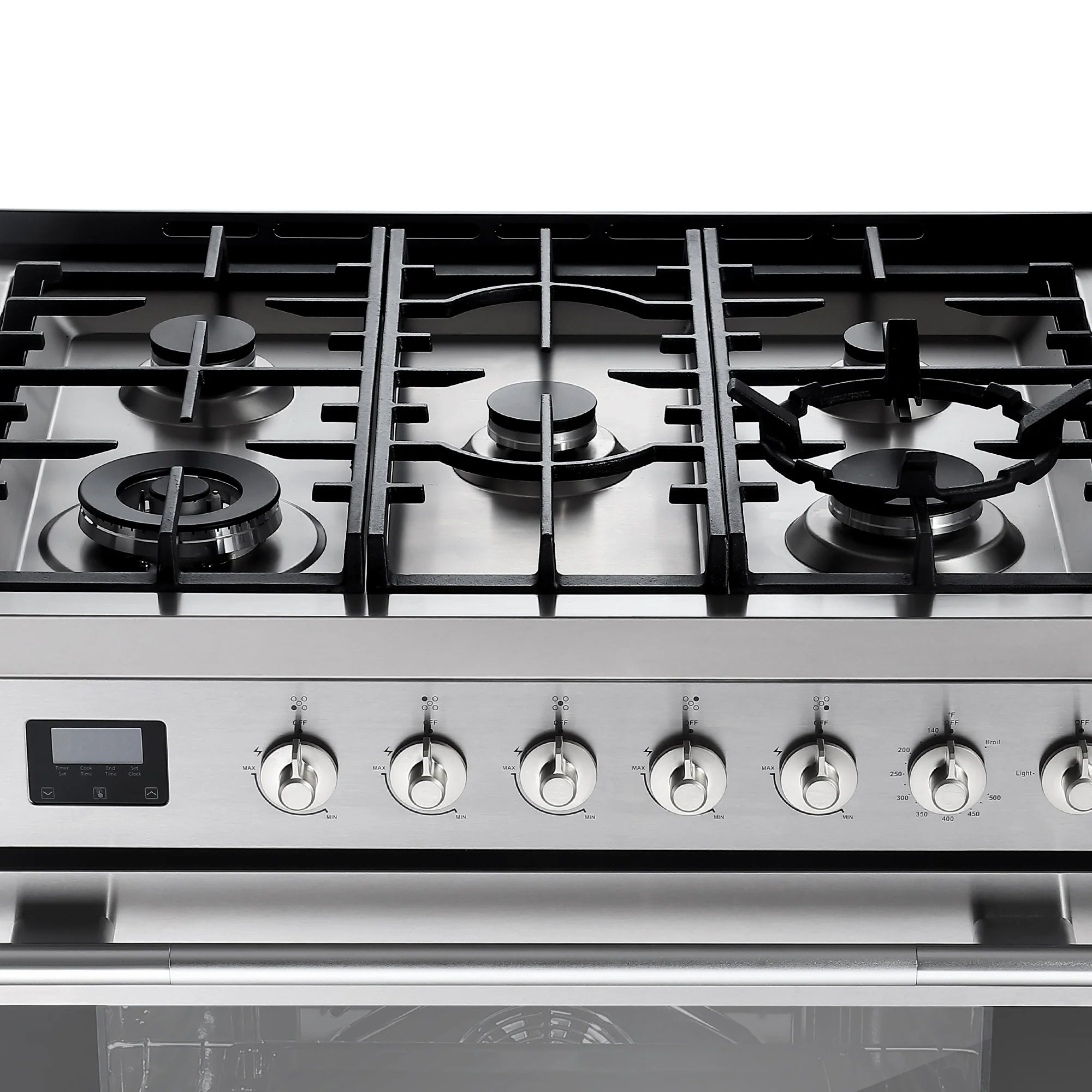 Gas cooktop with cast-iron grates, burners, and front row of control knobs