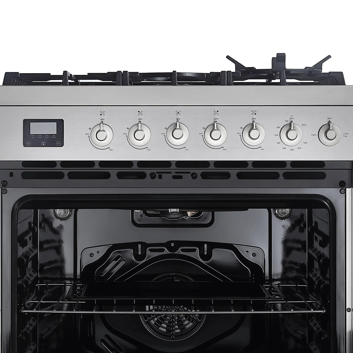 Front control panel with six gas knobs and open oven door