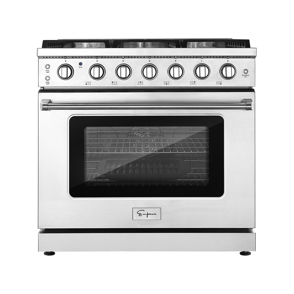 Stainless steel pro-style slide-in single gas oven range with control knobs and viewing window