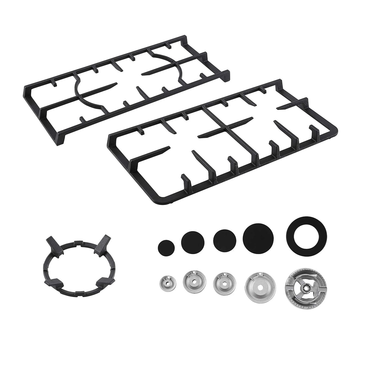 Gas cooktop accessory set with burner grates, caps, and control knobs