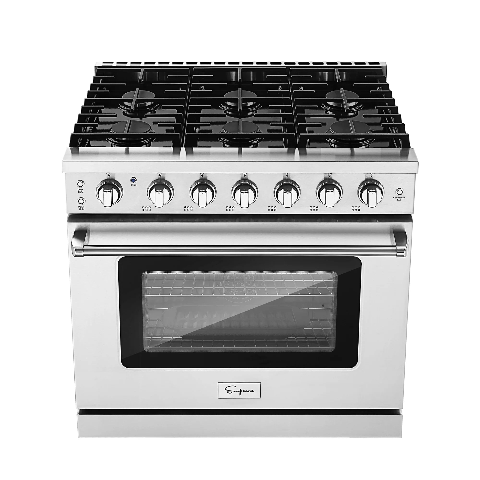 Stainless steel single gas oven range with black griddle burners and front control knobs