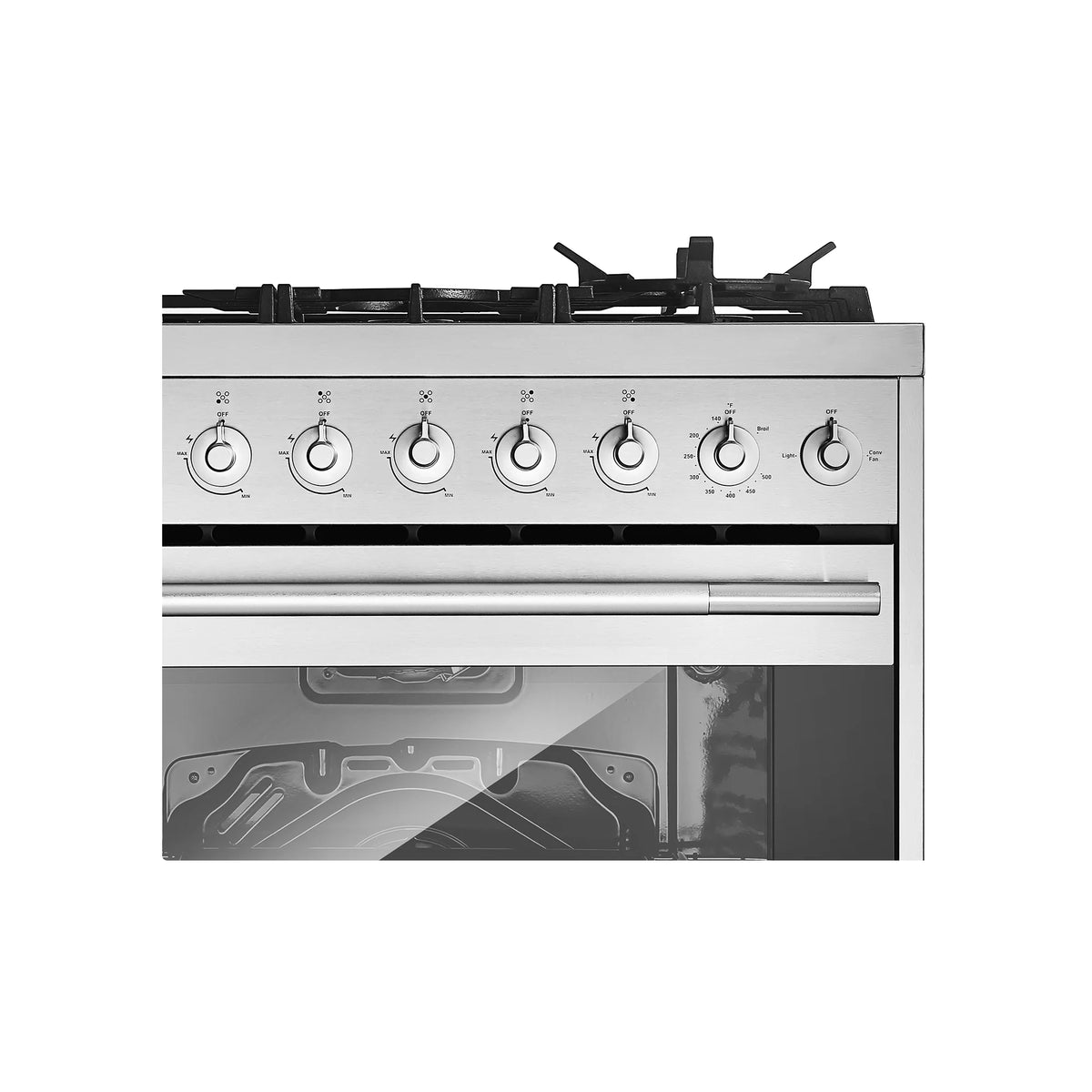 Stainless gas range front view with burner knobs and oven door
