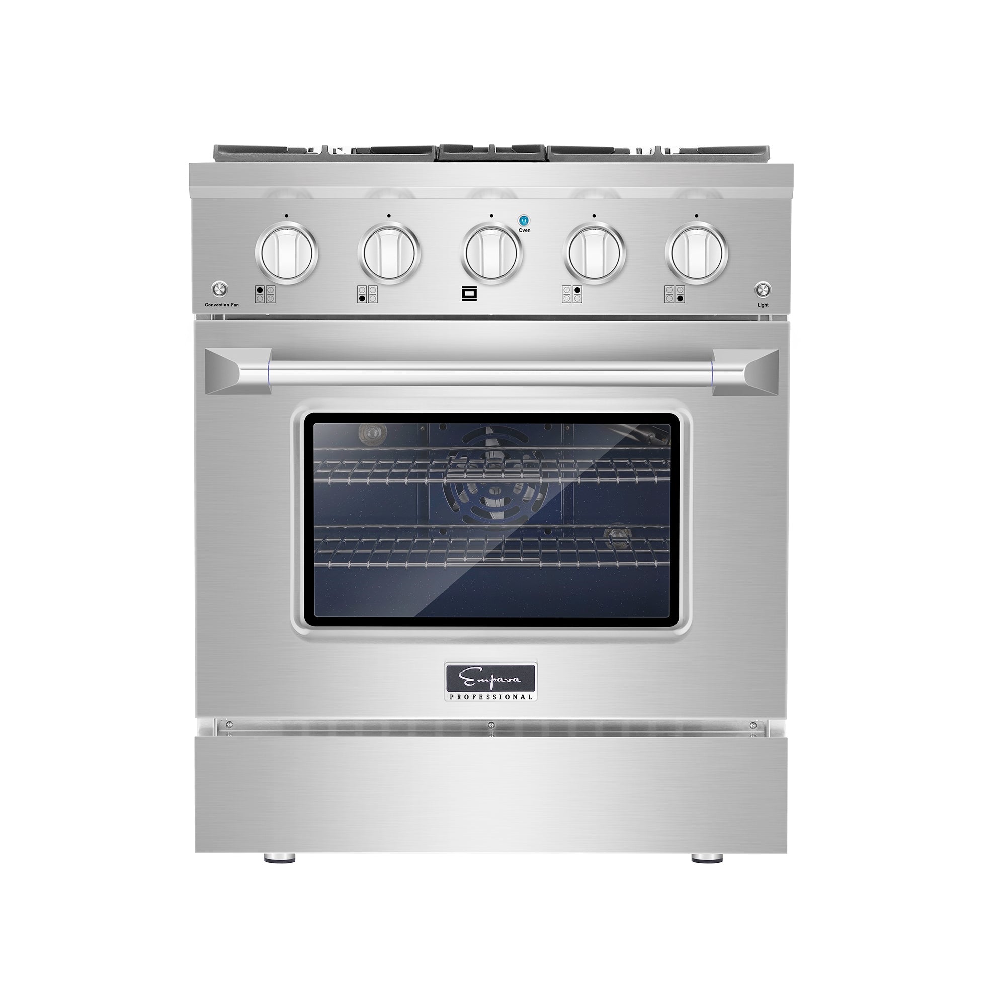 Stainless steel gas slide-in range with closed window oven door and control knobs