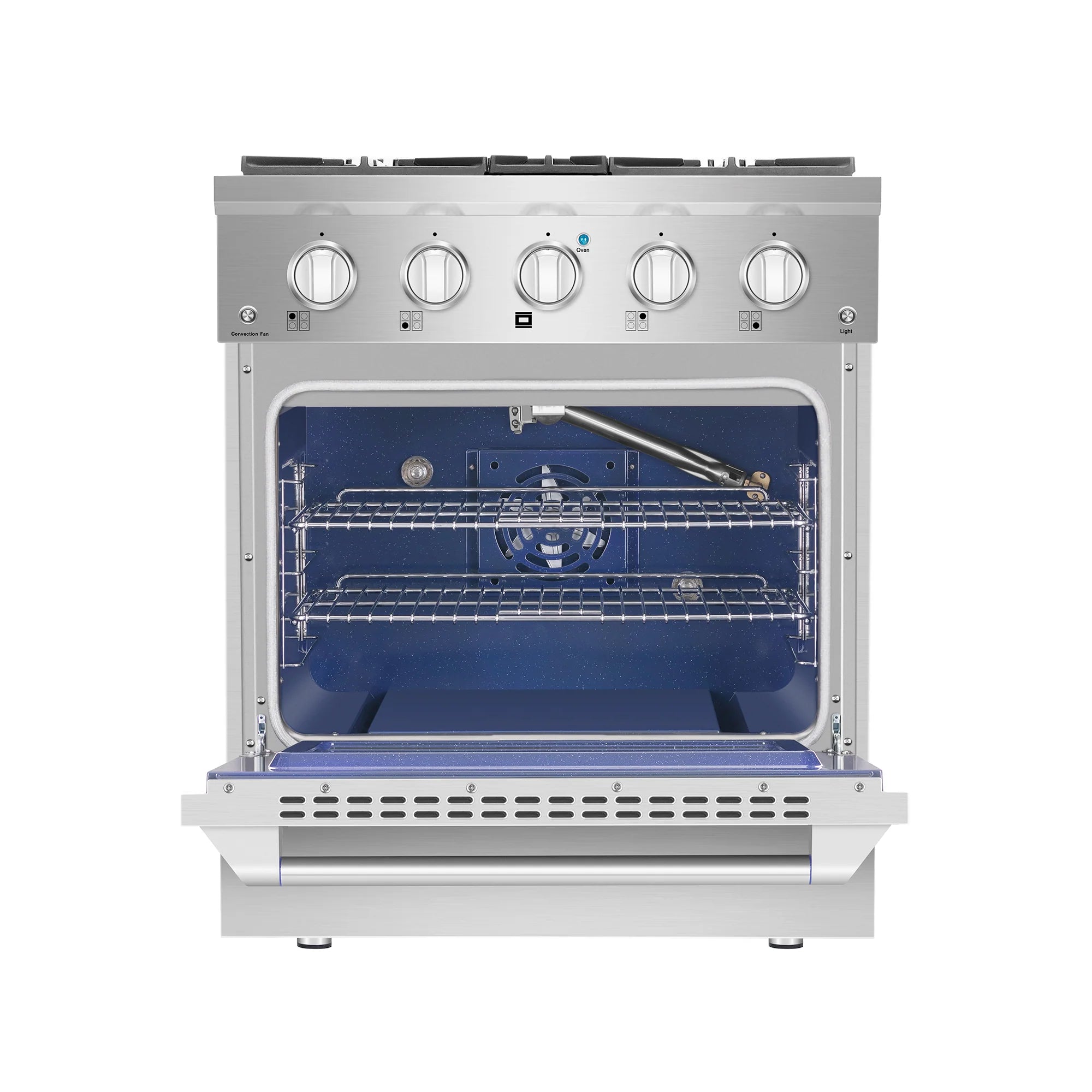 Stainless steel gas range with open oven door and blue-lit interior racks